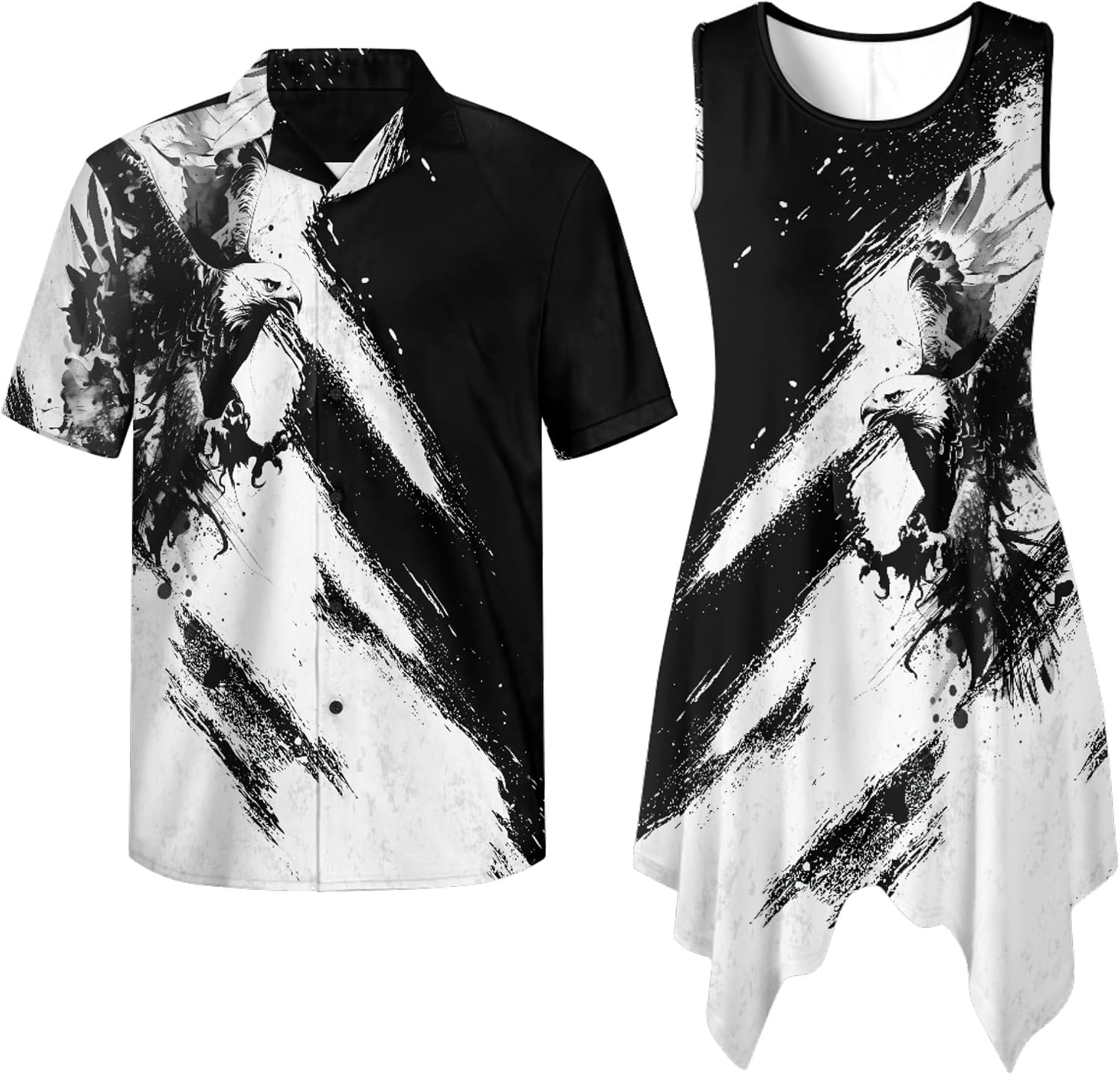 Couples Matching Eagle Print Tank Mini Dress and Shirt
