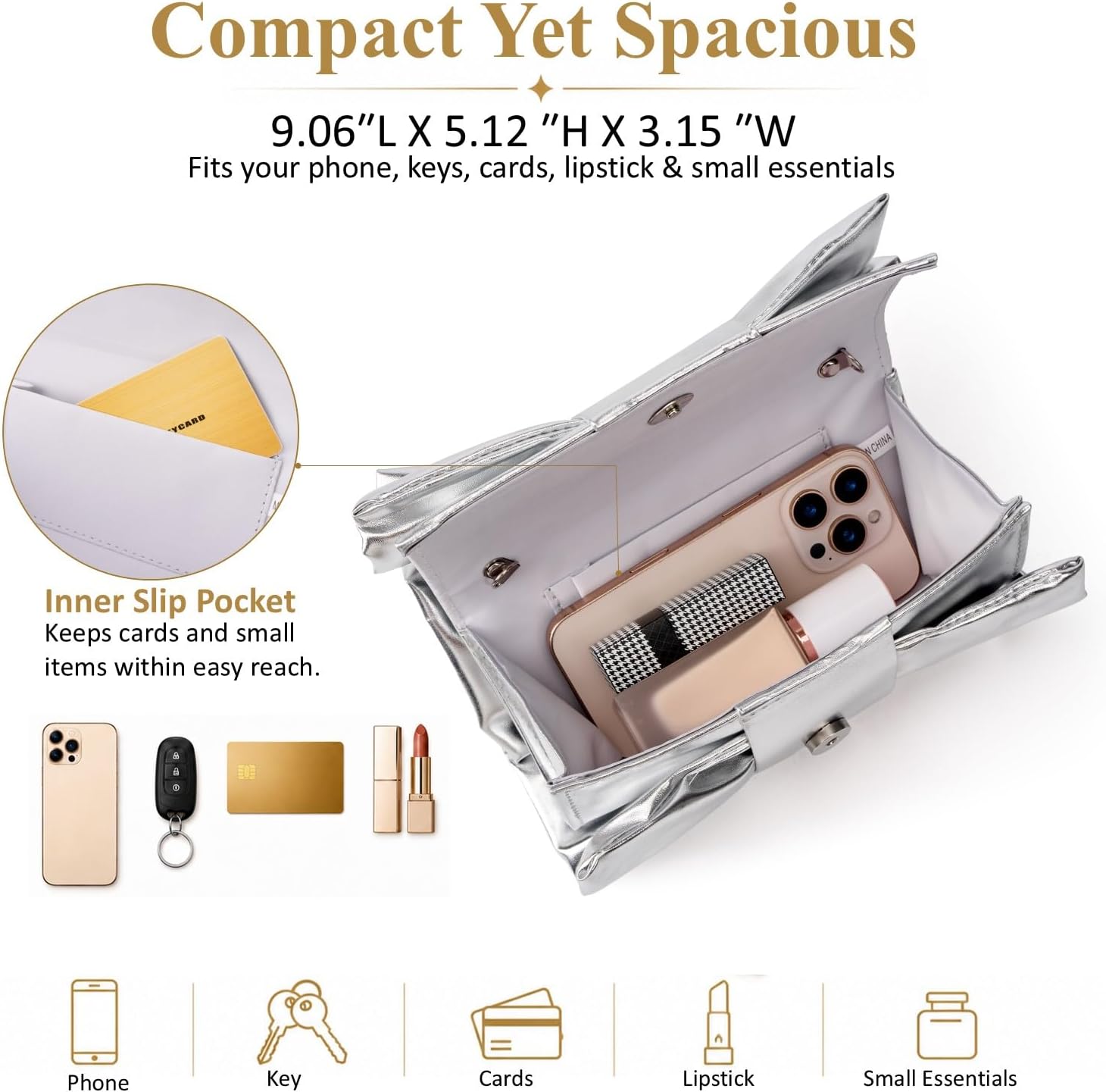 Women's Metallic Bow Clutch Silver Evening Bag with Chain Women's Metallic Bow Clutch Silver Evening Bag with Chain