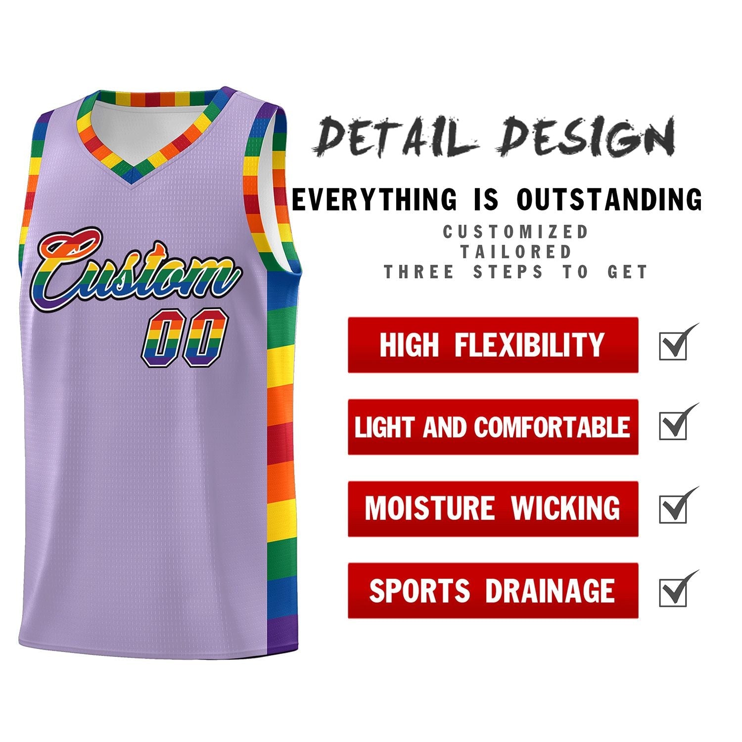 Benutzerdefinierter hellvioletter LGBT-Regenbogen für den Pride Month, Sportuniform-Basketballtrikot