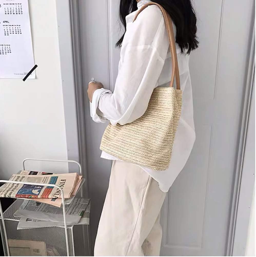 Women's Woven Straw Tote Bag Beige Herringbone