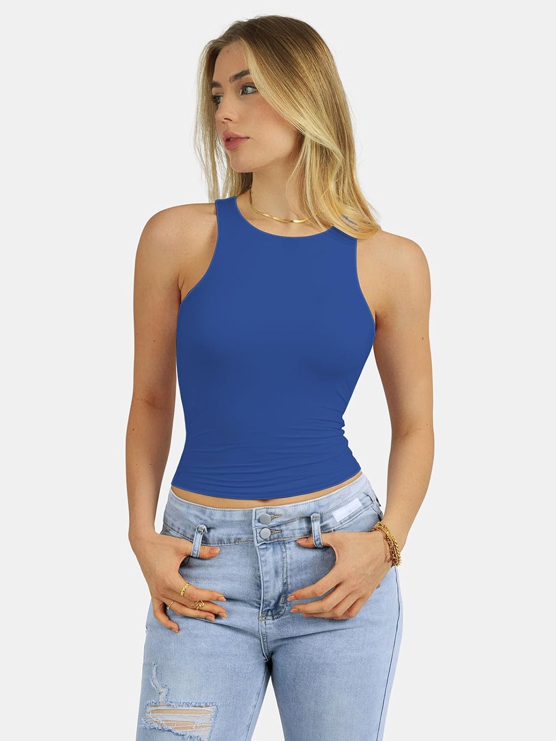 Women's High Neck Sleeveless Crop Tank Top Blue Women's High Neck Sleeveless Crop Tank Top Blue