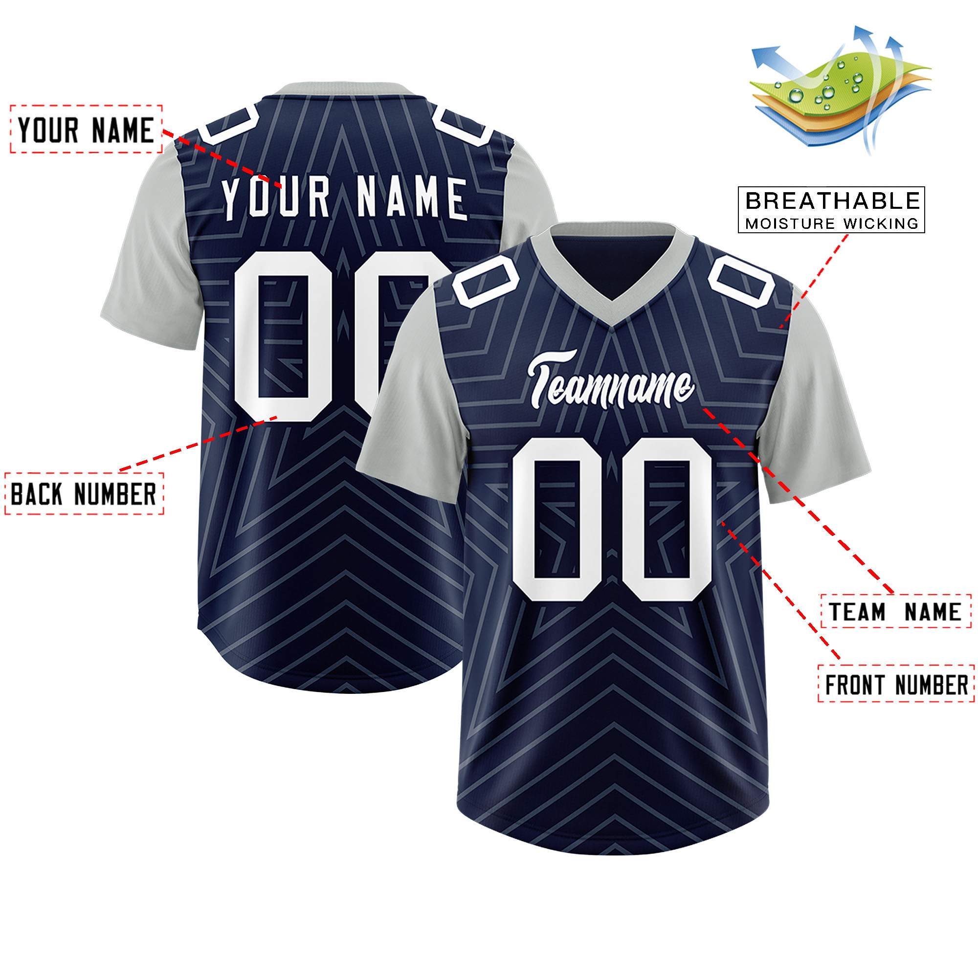 Individuell personalisiertes, authentisches Fußballtrikot mit Raglanärmeln und Sternenmuster