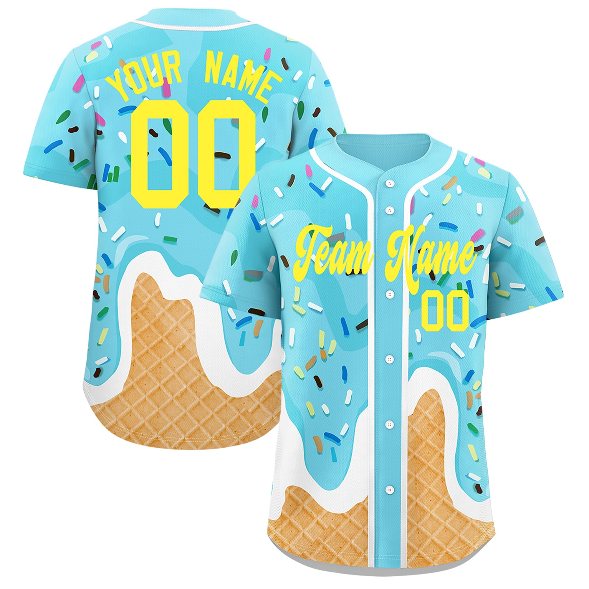 Von Fans angefertigtes, individuelles, modisches, authentisches Baseball-Trikot mit blauem Eistüte-Graffiti-Muster von Evan Neufang, das nachbestellt werden kann