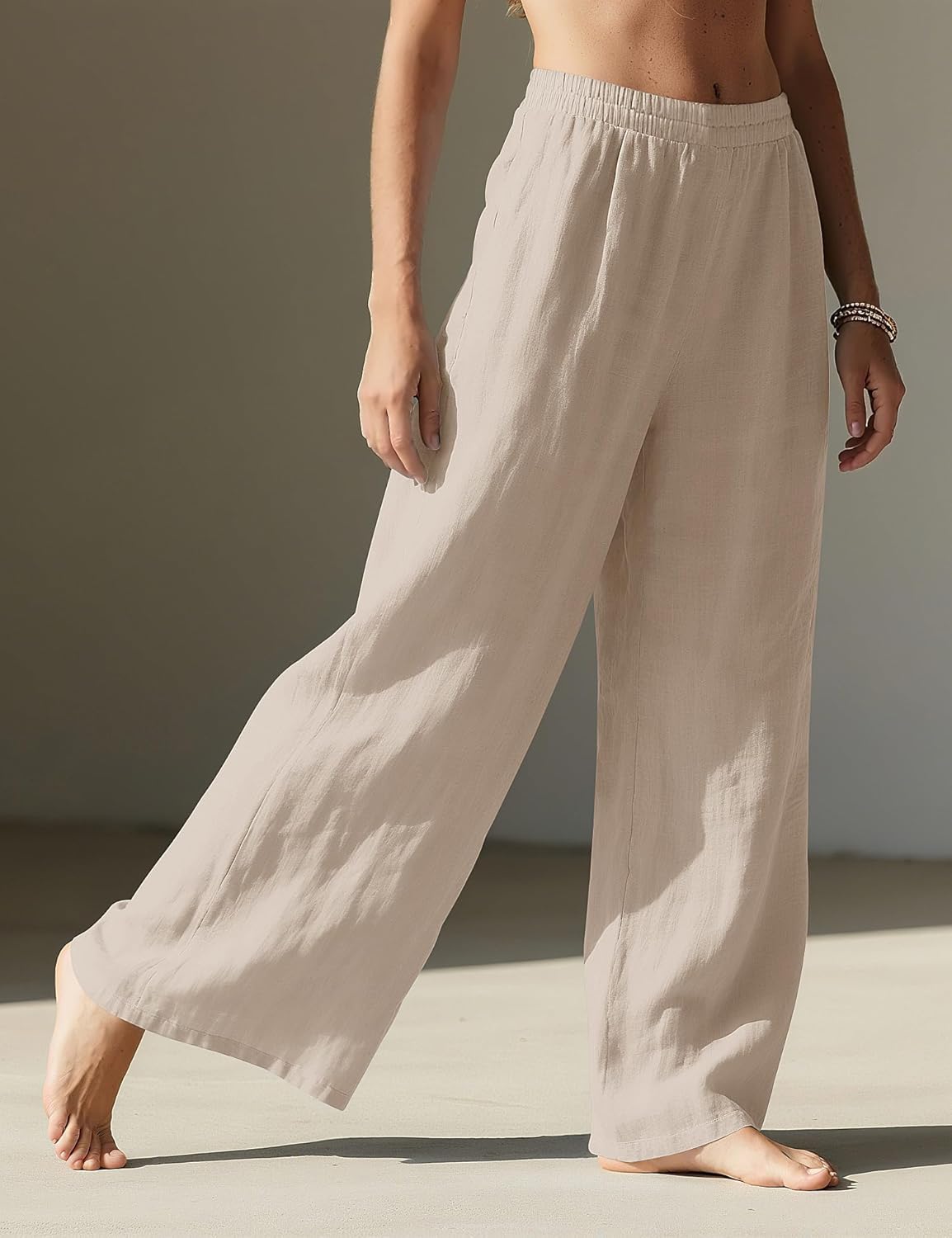 Linen Pants Women Wide Leg Palazzo Summer Flowy Beach Vacation Clothes Elastic Waist Travel Trousers with Pockets