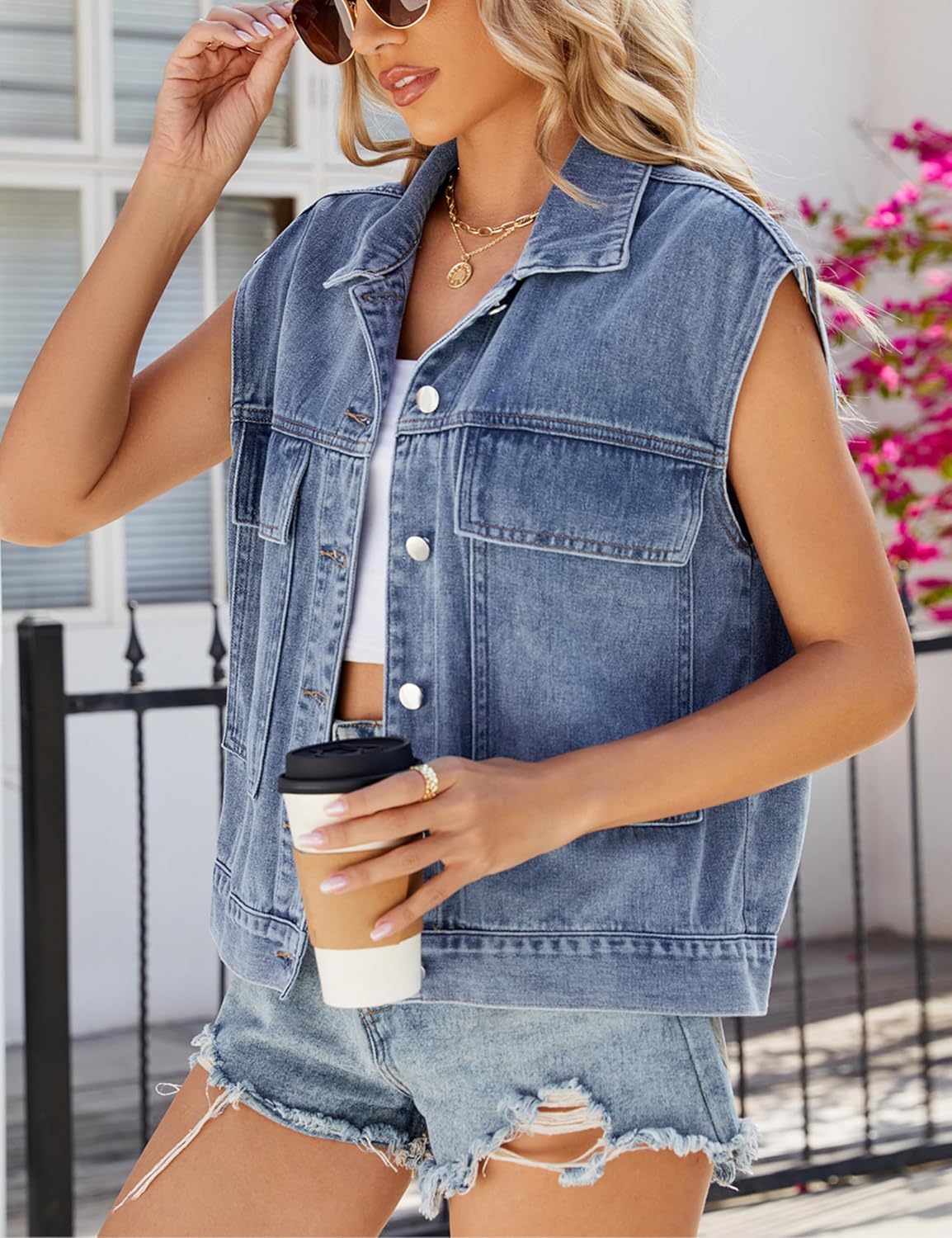 Women's Denim Jean Vest Button Down Casual Flap Pockets Women's Denim Jean Vest Button Down Casual Flap Pockets