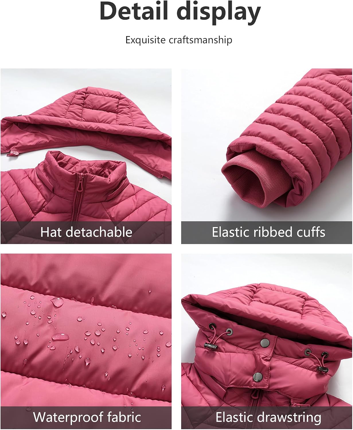 Women's Short Quilted Down Coat Detachable Hood Berry