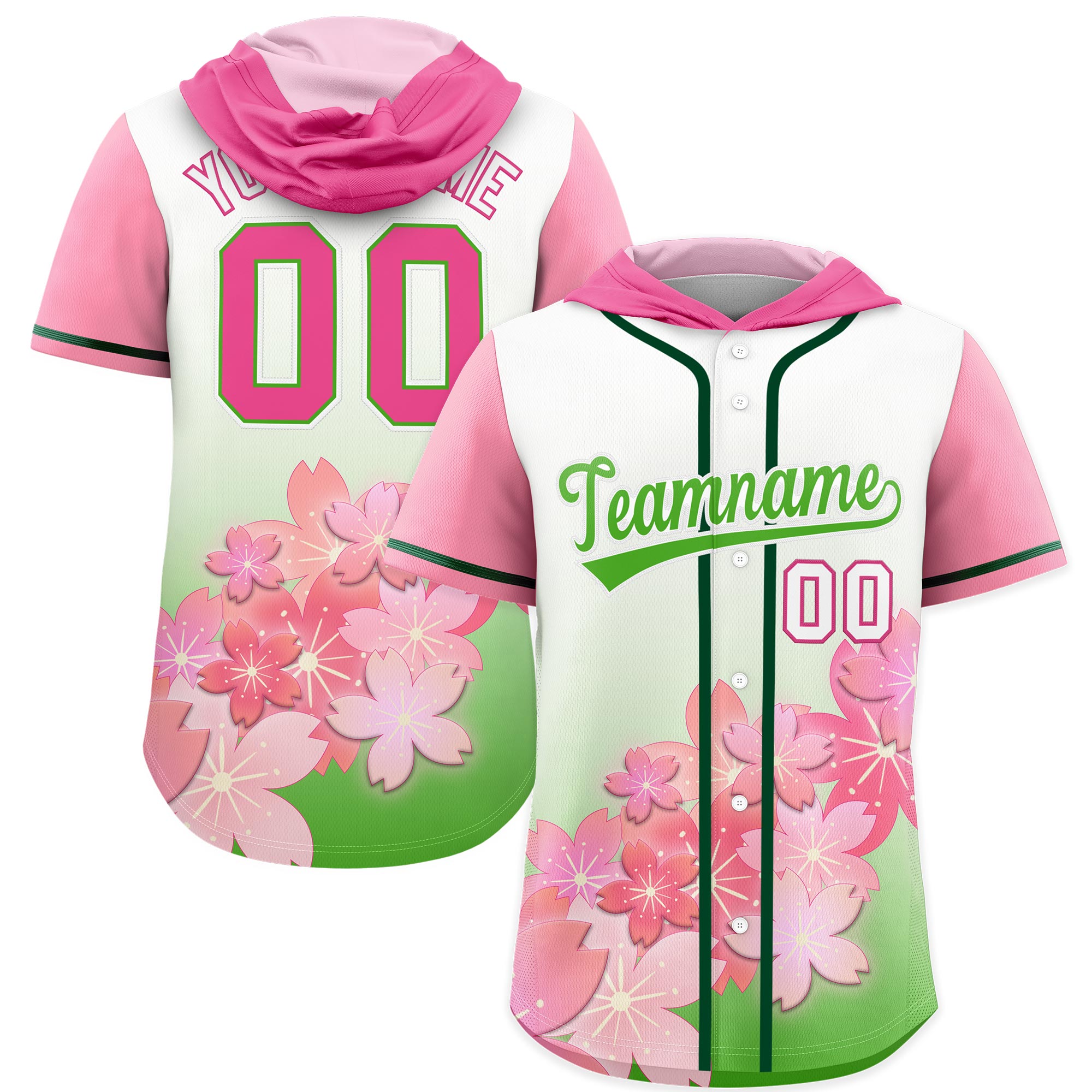 Benutzerdefinierte hellgrüne Kirschblüten-Raglanärmel, feuchtigkeitsableitendes Baseball-Kapuzentrikot Benutzerdefinierte hellgrüne Kirschblüten-Raglanärmel, feuchtigkeitsableitendes Baseball-Kapuzentrikot