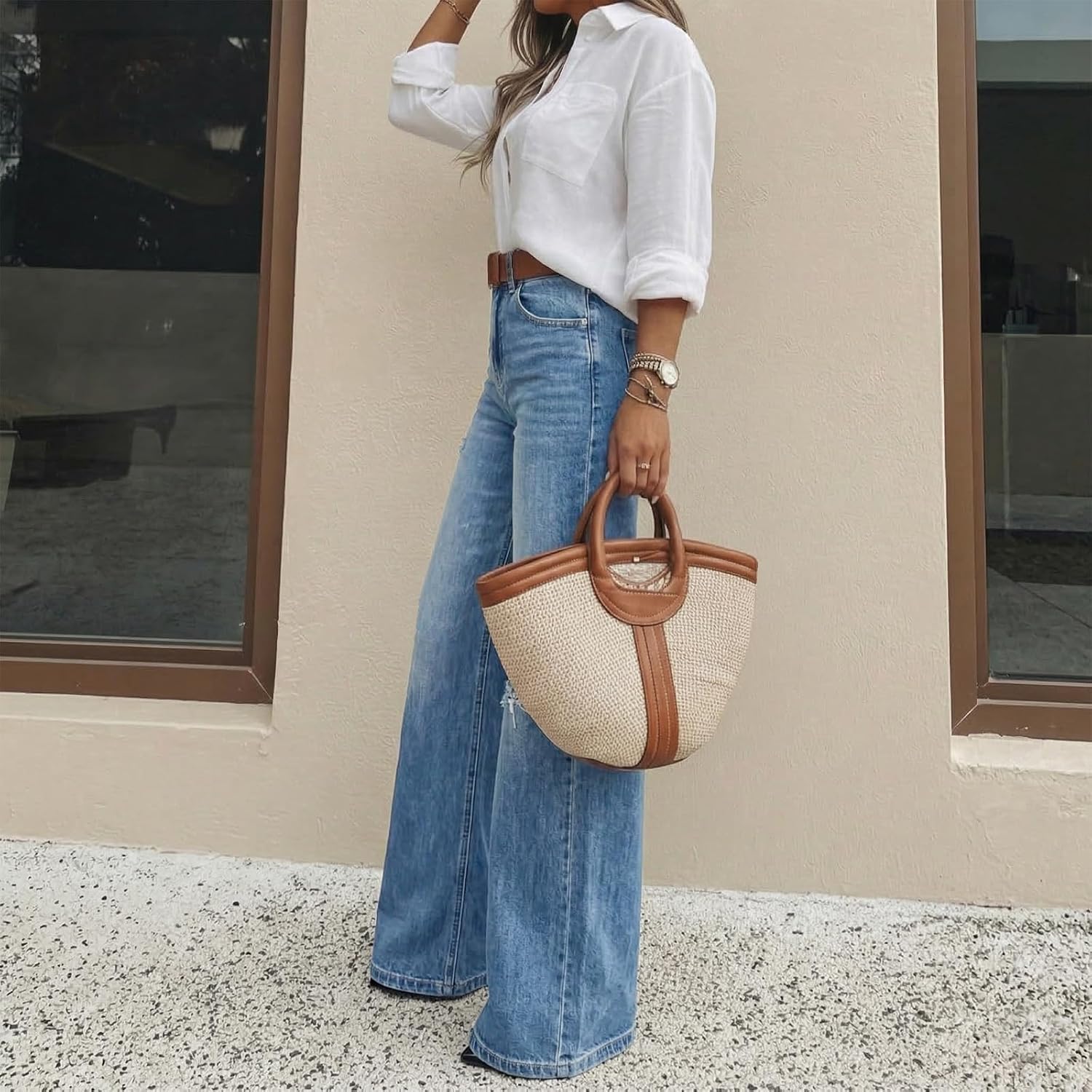 Women's High Waisted Wide Leg Jeans Light Wash Distressed
