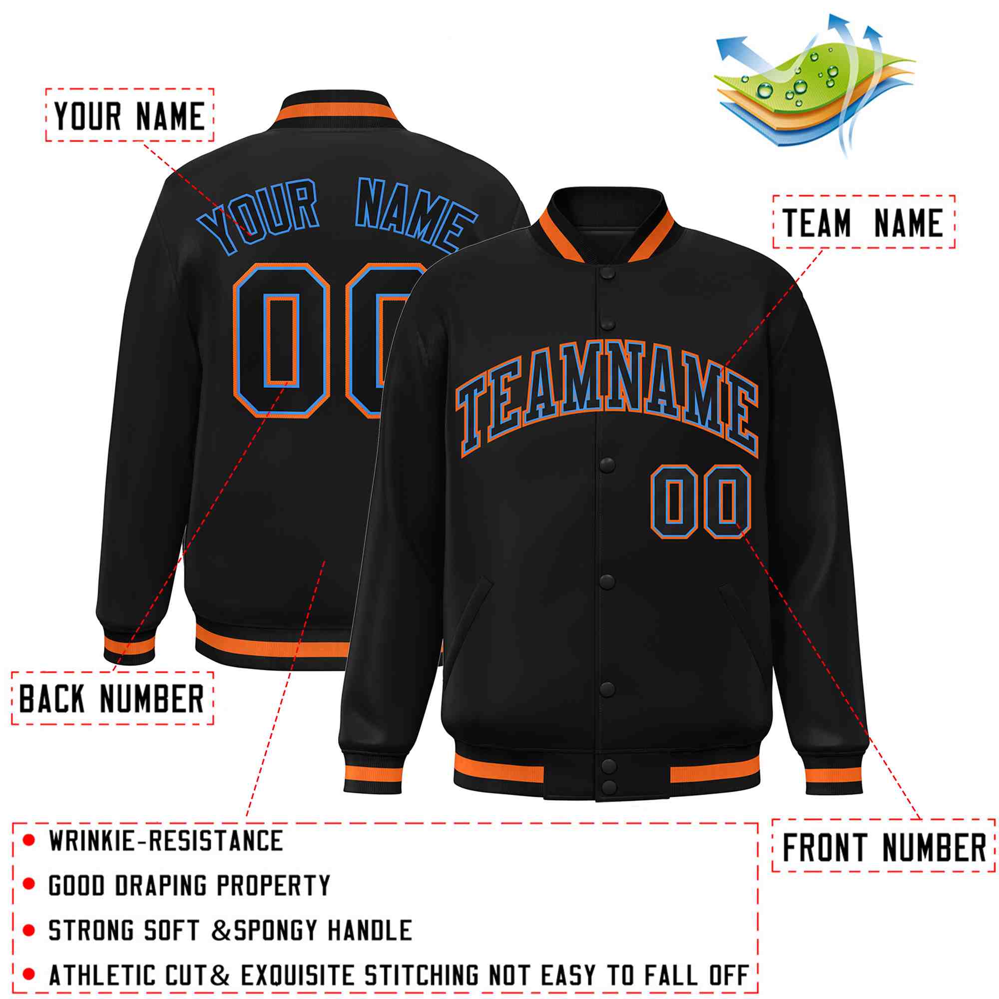 Custom Black-Powder Blue Classic Style Varsity Full-Snap Letterman Jacket