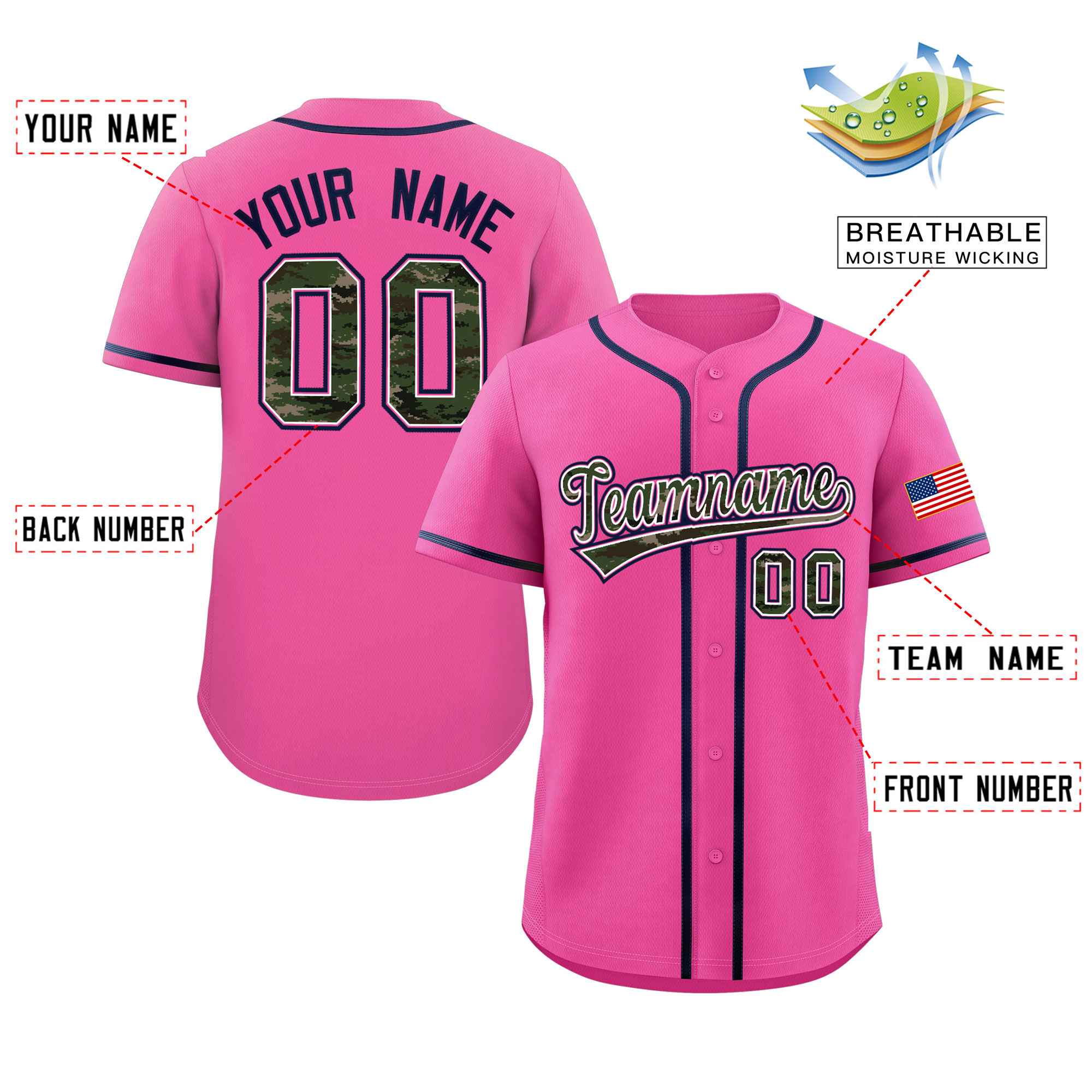 Benutzerdefinierte personalisierte Camo-Schriftart authentisches Baseball-Trikot