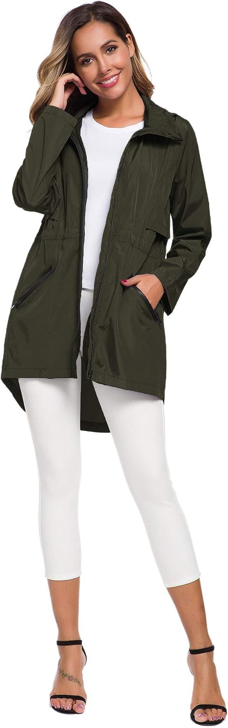 Women's Packable Long Rain Jacket Hooded Waterproof Army Green