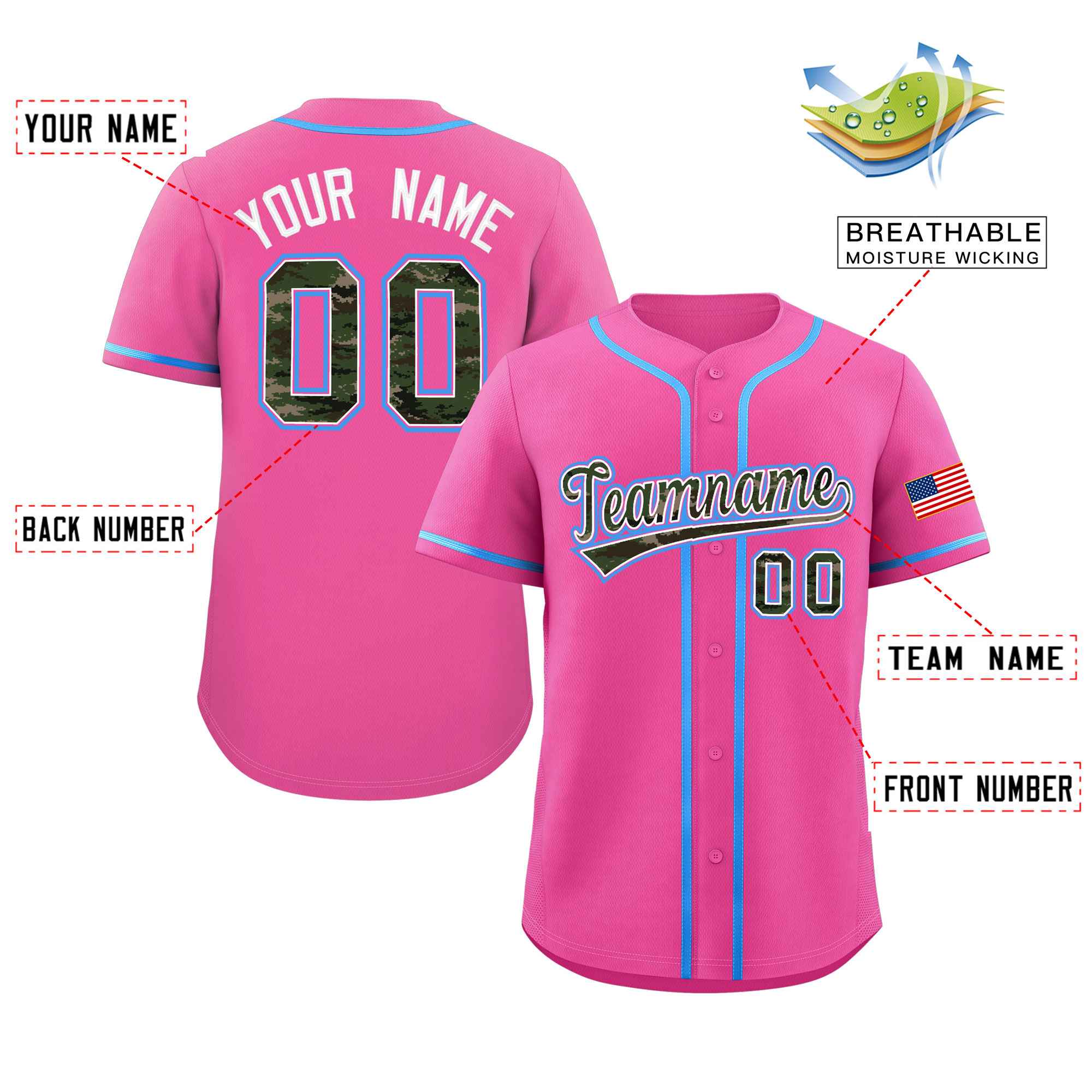 Benutzerdefinierte personalisierte Camo-Schriftart authentisches Baseball-Trikot