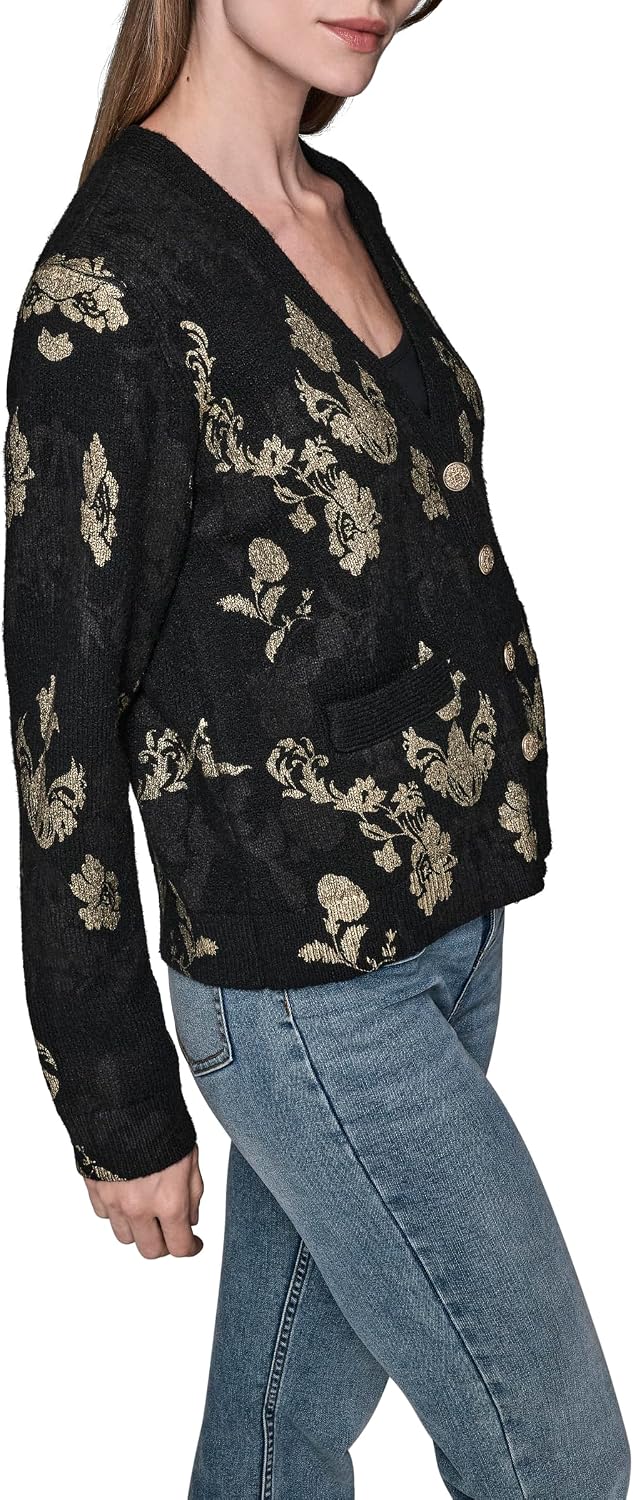 Women's Damask Print V Neck Button Front Cardigan