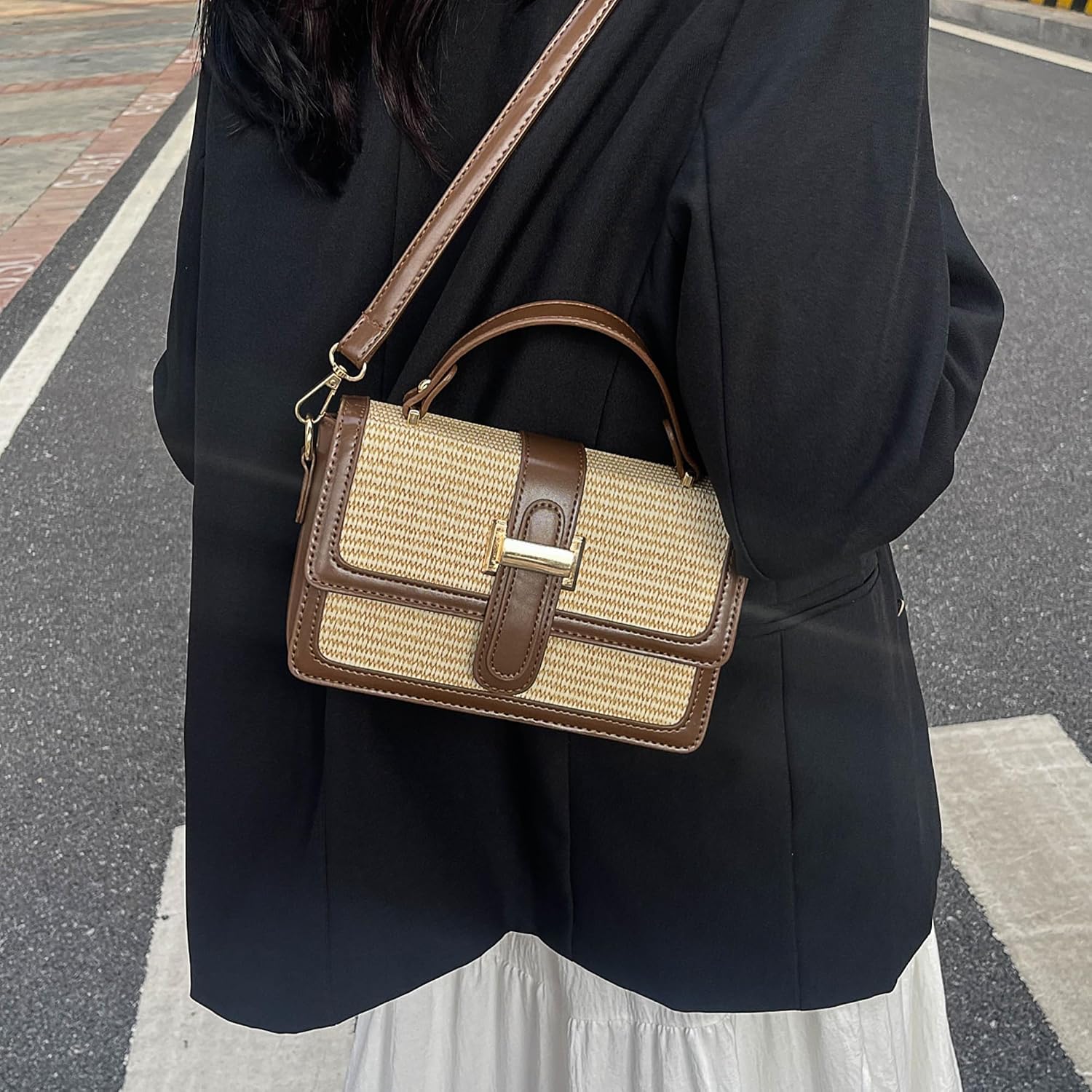 Women's Straw Woven Crossbody Bag with Top Handle Brown