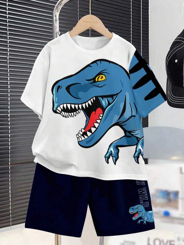 Lässiges Teenager-Jungen-Set mit Cartoon-Dinosaurier-Aufdruck, Rundhals-Kurzarm-T-Shirt und Shorts im 2er-Set für den Sommer