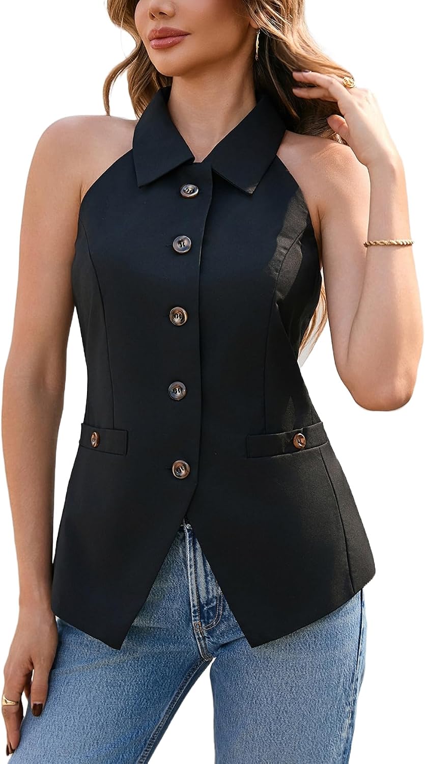 Women's Halter Neck Blazer Vest Lapel Button Down Sleeveless