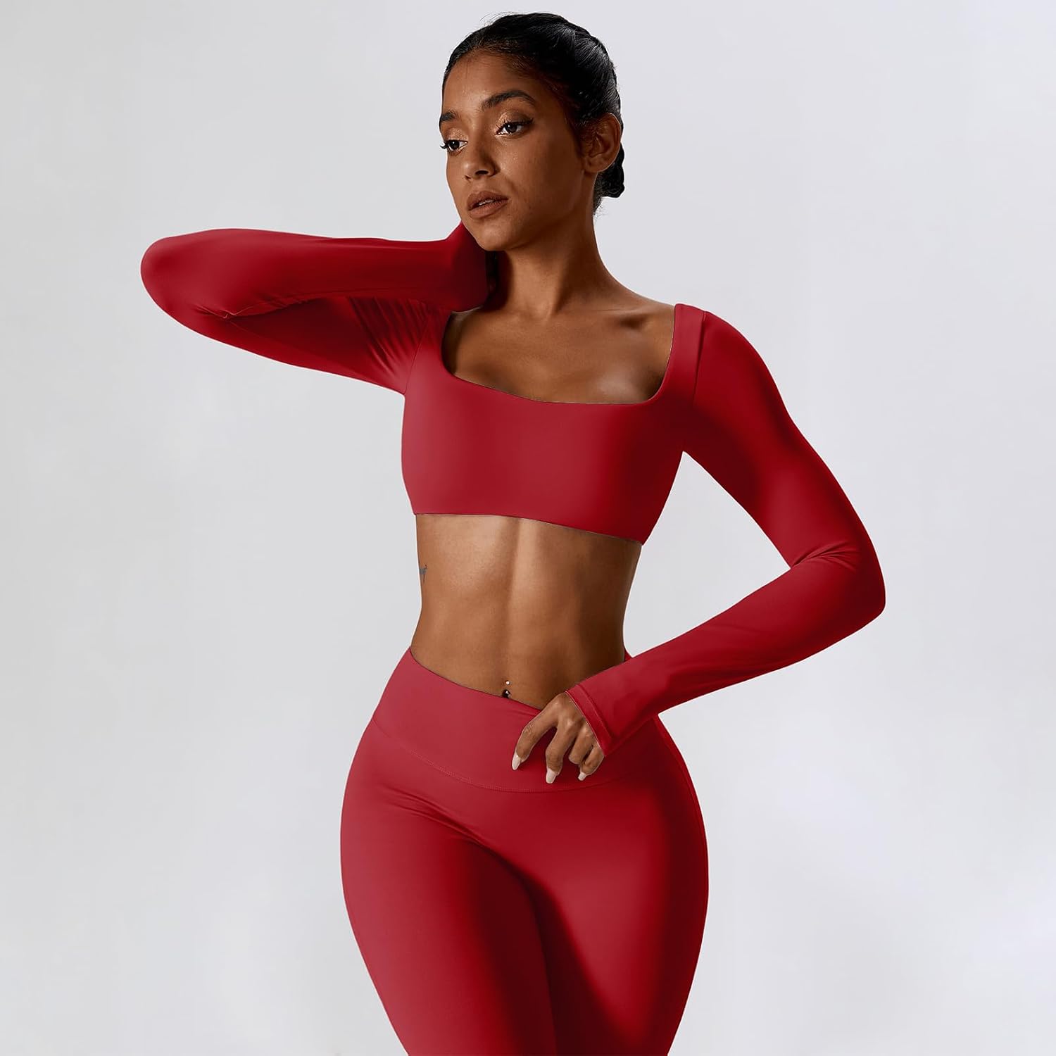 Women's Square Neck Crop Top Flare Leggings Set Red Women's Square Neck Crop Top Flare Leggings Set Red