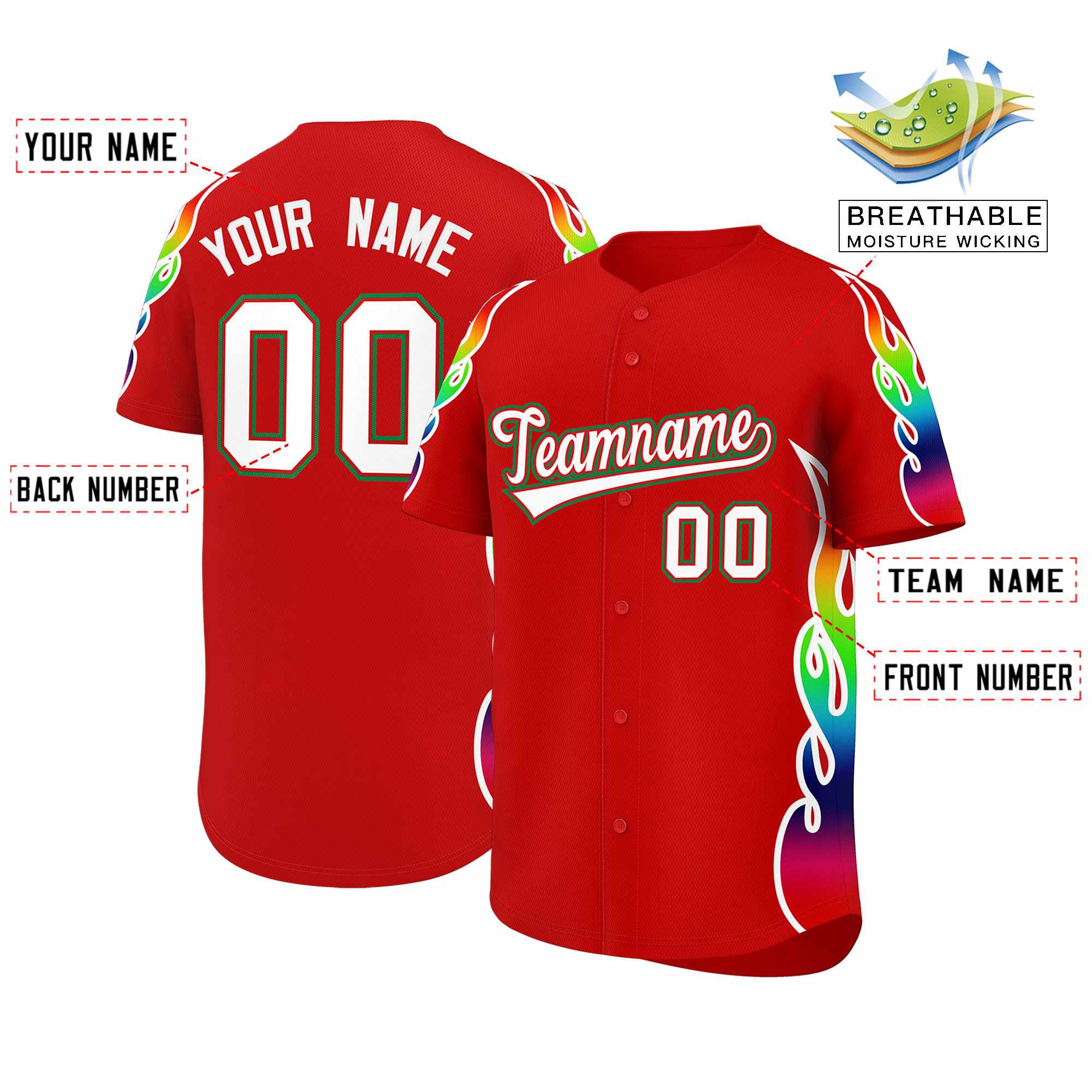 Benutzerdefiniertes Graffiti-Muster, personalisierter mehrfarbiger Flammendruck, authentisches Baseball-Trikot