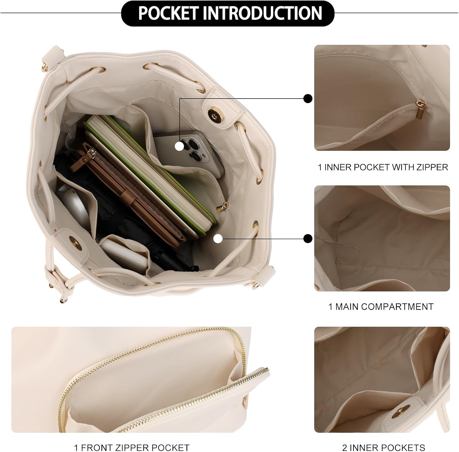 Women's Vegan Leather Drawstring Bucket Bag with Wide Strap