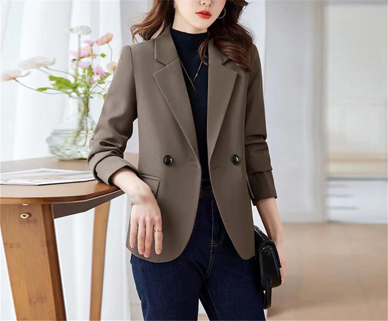 Women's Double Button Slim Fit Blazer Brown Women's Double Button Slim Fit Blazer Brown