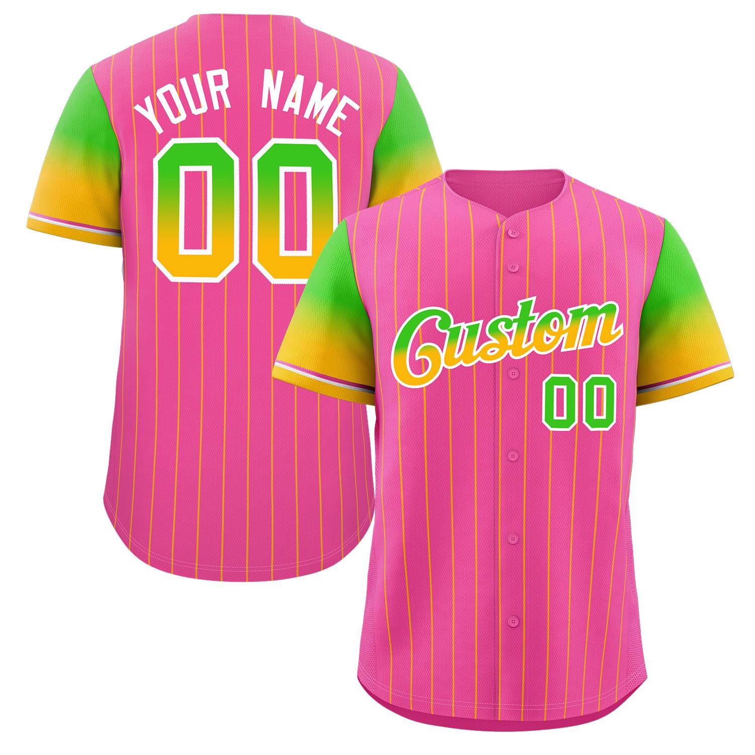Benutzerdefinierte rosa neongrüne gold-weiße Streifenschrift mit Farbverlauf, modisches, authentisches Baseball-Trikot
