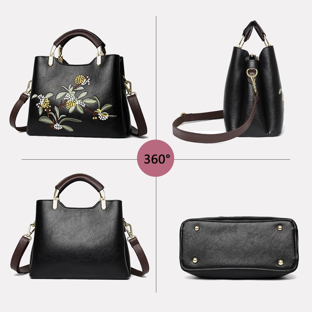 Women's Floral Embroidered Vegan Leather Handbag, Brown Women's Floral Embroidered Vegan Leather Handbag, Brown