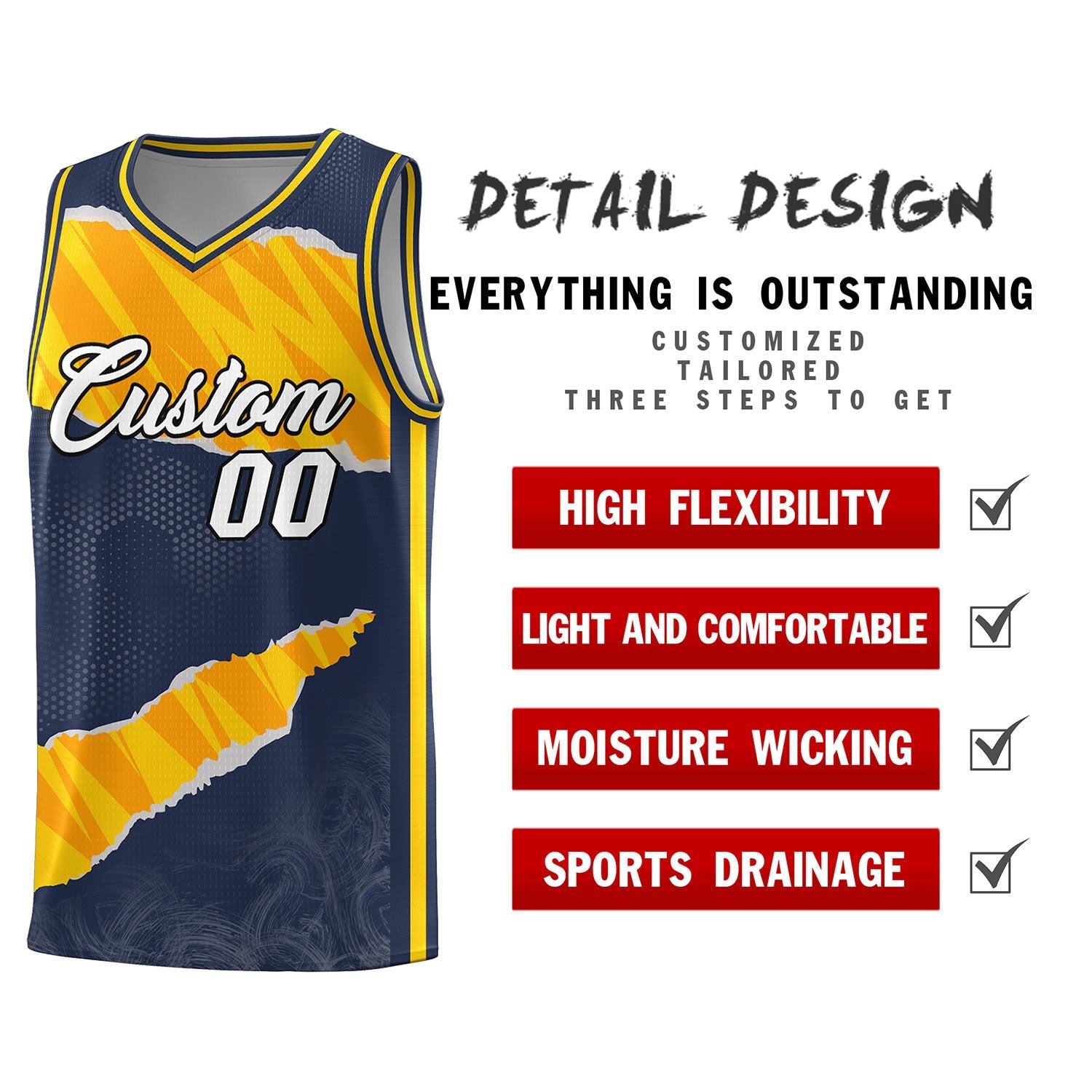 Benutzerdefiniertes Mitternachtsblau-Gold-Orange-Tränen-Graffiti-Muster-Sportuniform-Basketballtrikot