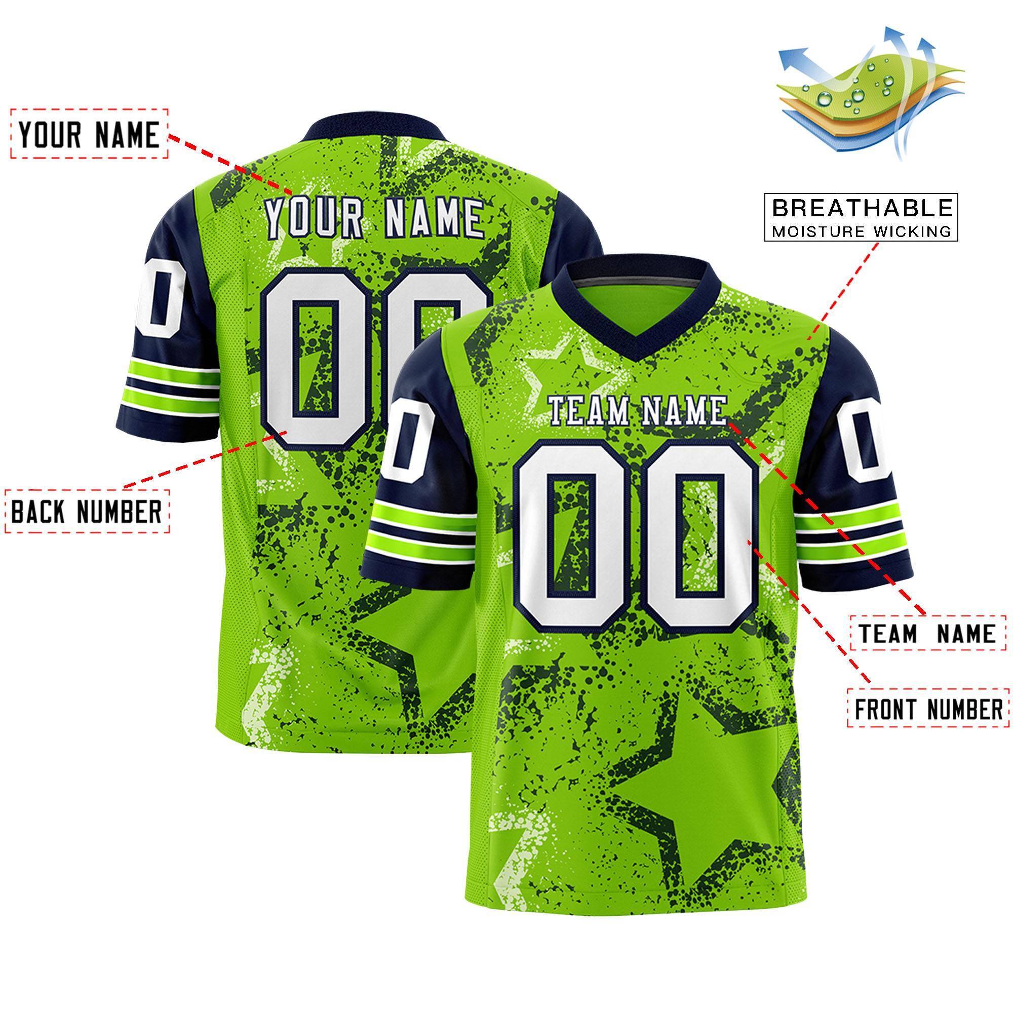 Benutzerdefiniertes neongrün-weißes personalisiertes Sternmuster-Design, authentisches Fußballtrikot