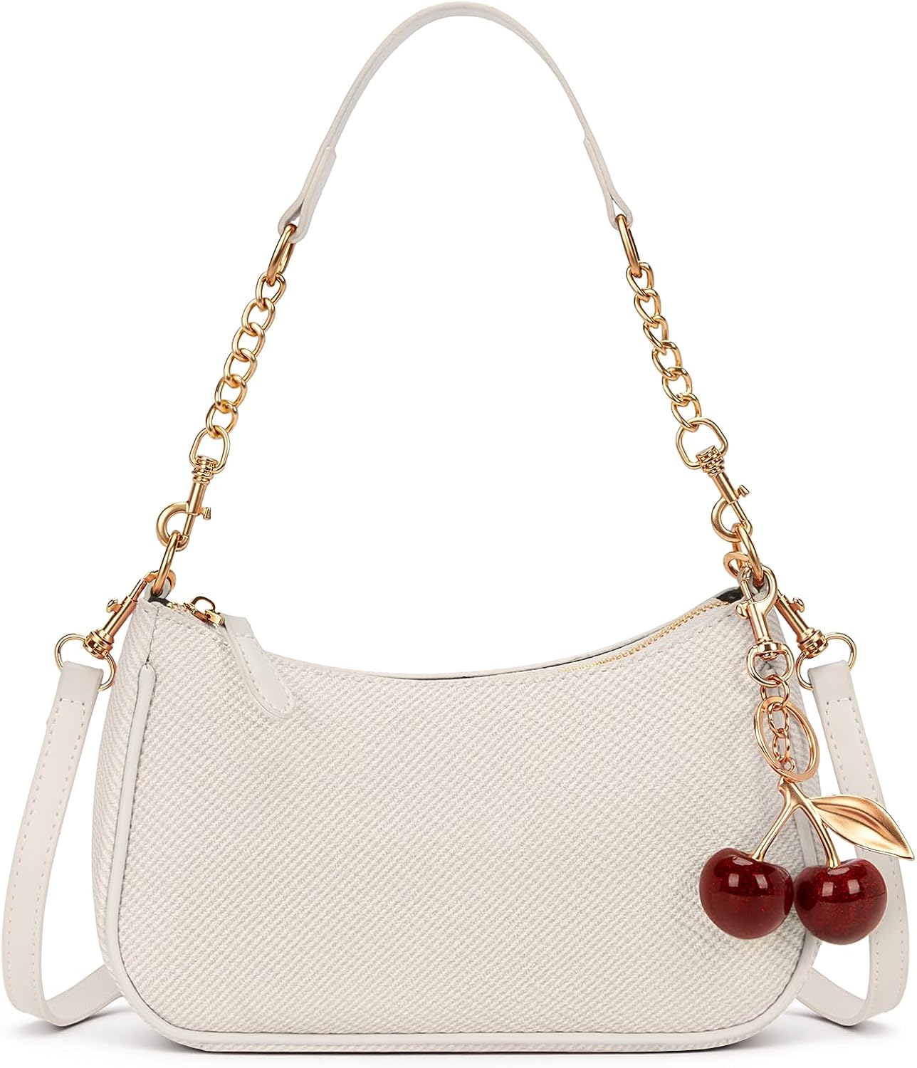Women's White Textured Crescent Shoulder Bag Cherry