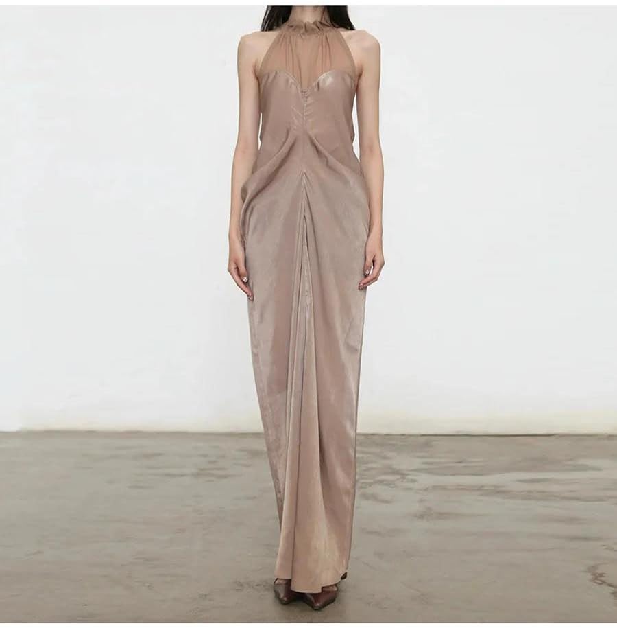 Women's Halter Maxi Dress Sheer Mesh Neck Ruched Nude