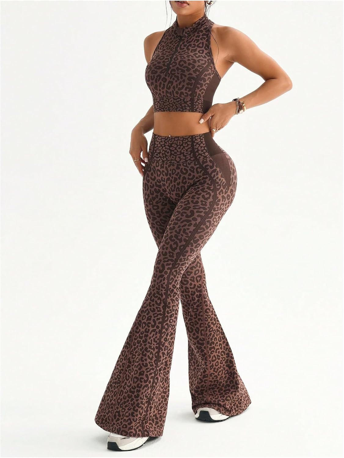 Women's Leopard Print 2 Piece Flare Leggings Workout Set