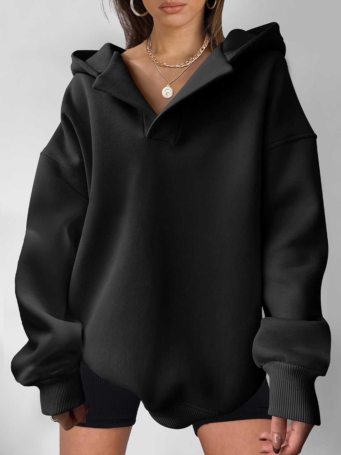 Womens Oversized Hoodies V Neck Sweatshirts Fleece Long Sleeve Pullover Y2K Clothes Fall Trendy Outfits