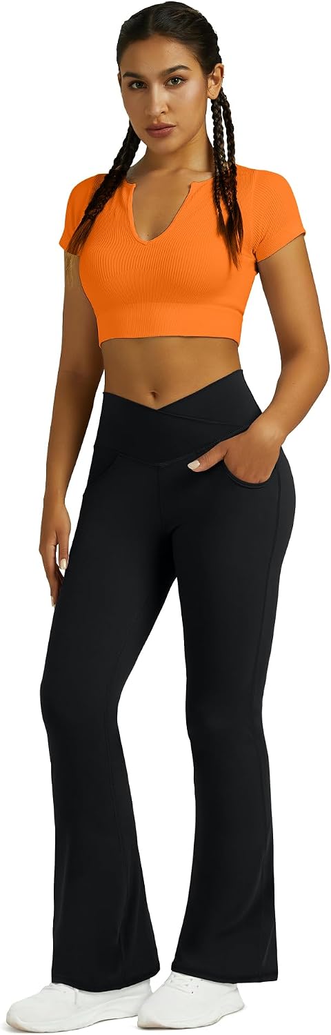 Women's Crossover Waist Flare Leggings with Pockets (Black)