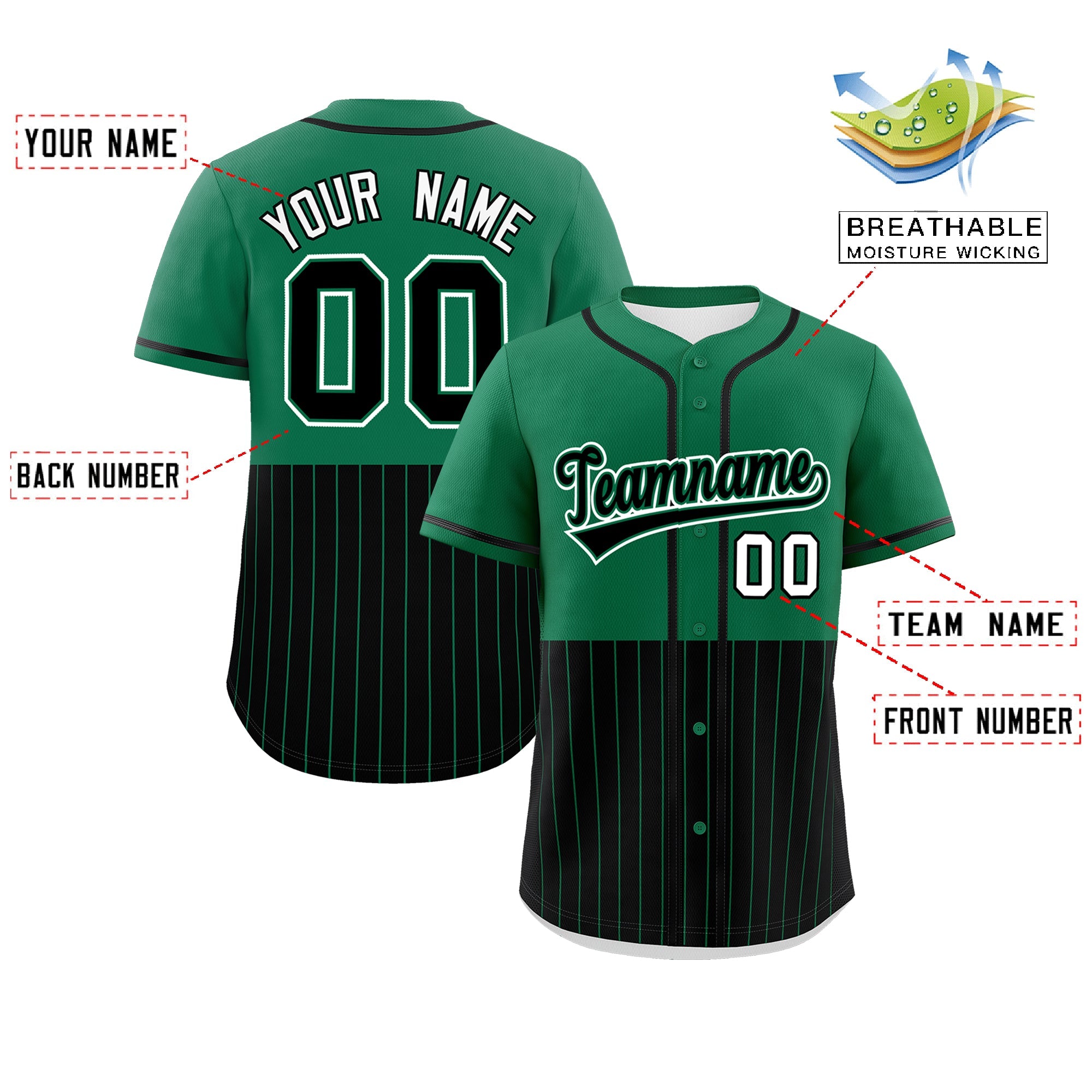 Individuell personalisiertes, authentisches Baseball-Trikot mit Halbstreifen-Design