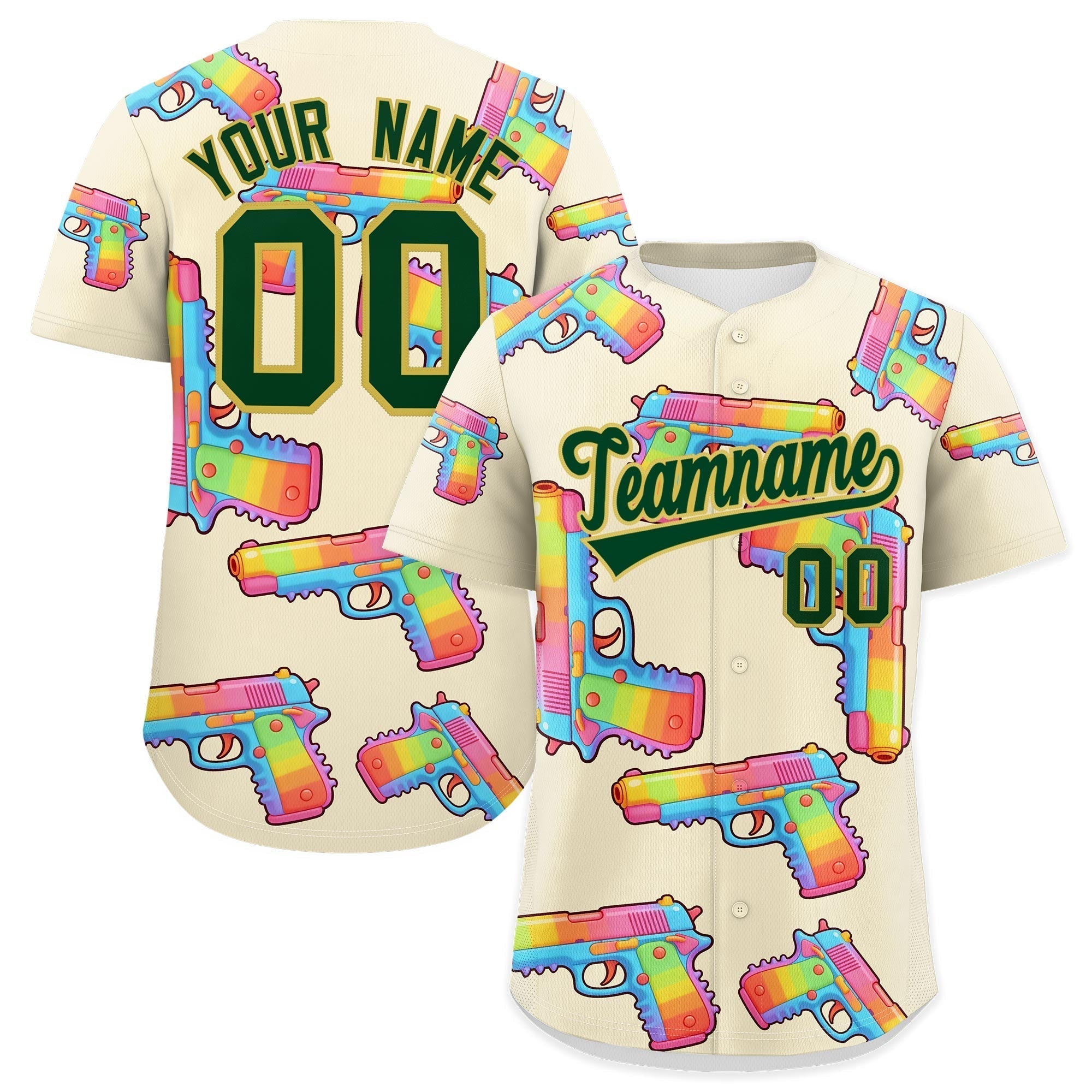 Benutzerdefiniertes, cremefarbenes, dunkelgrünes, mit Zucker überzogenes, schnell trocknendes Baseball-Trikot mit Feuerkraft-Graffiti-Muster
