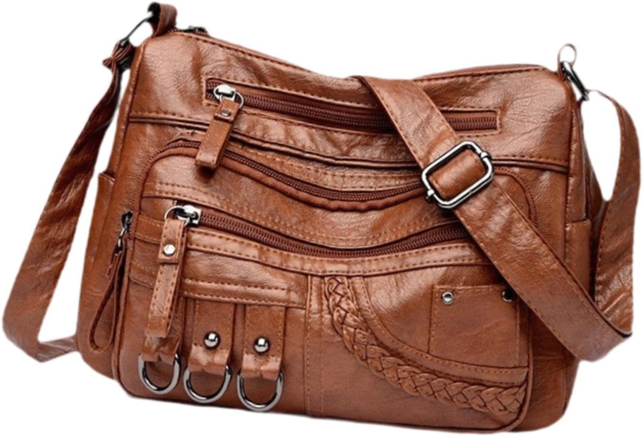 Women Shoulder Tote Crossbody Bag Shoulder Handbag Shopping Tote with Multiple Compartments Soft PU Leather Lightweight Suitable for Working Travel Brown