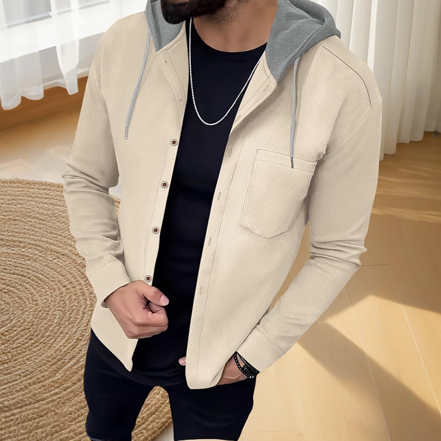 Men's Two Tone Button Down Hooded Shirt Khaki Men's Two Tone Button Down Hooded Shirt Khaki