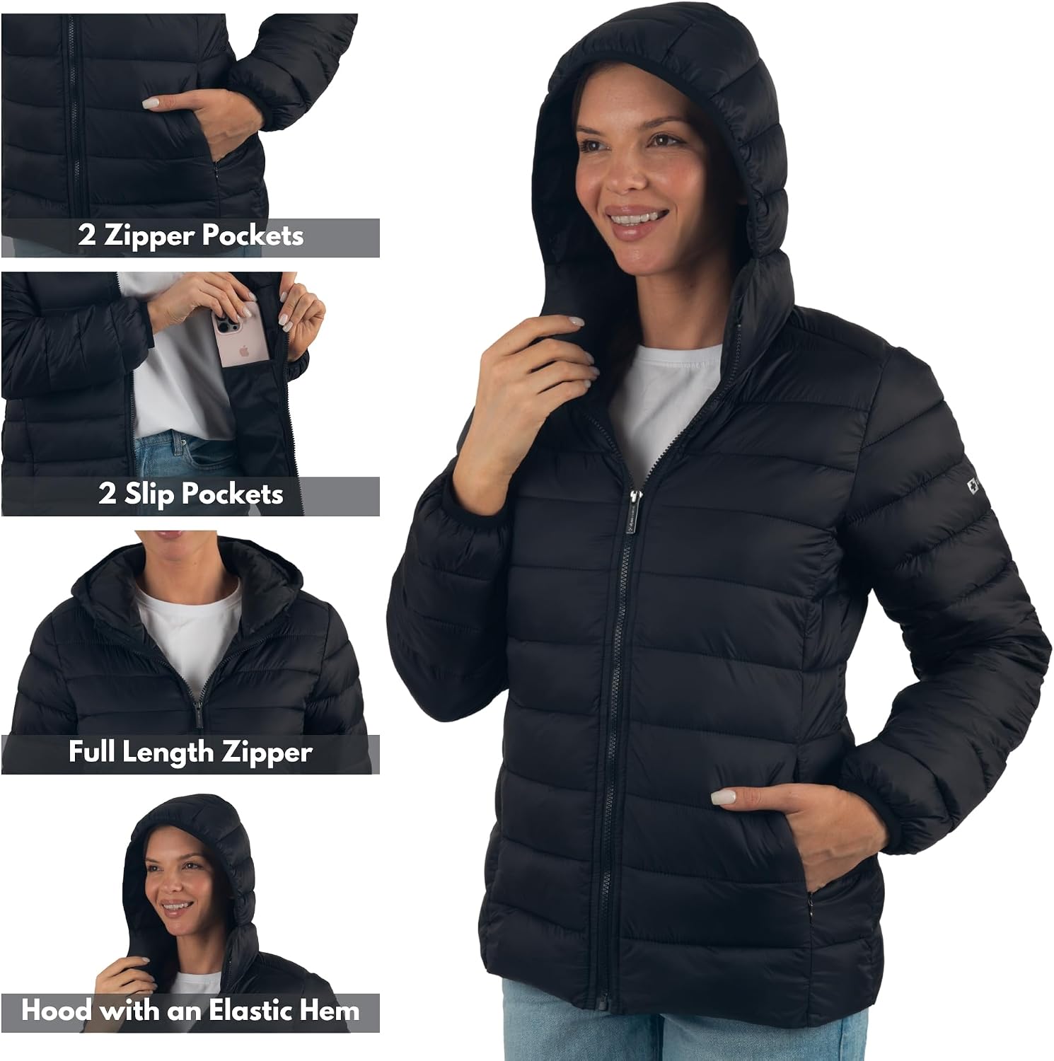 Women's Lightweight Hooded Puffer Jacket Water-Resistant Black Women's Lightweight Hooded Puffer Jacket Water-Resistant Black
