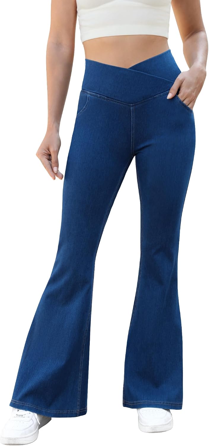 Women's Crossover Waist Flare Leggings Dark Blue Pockets