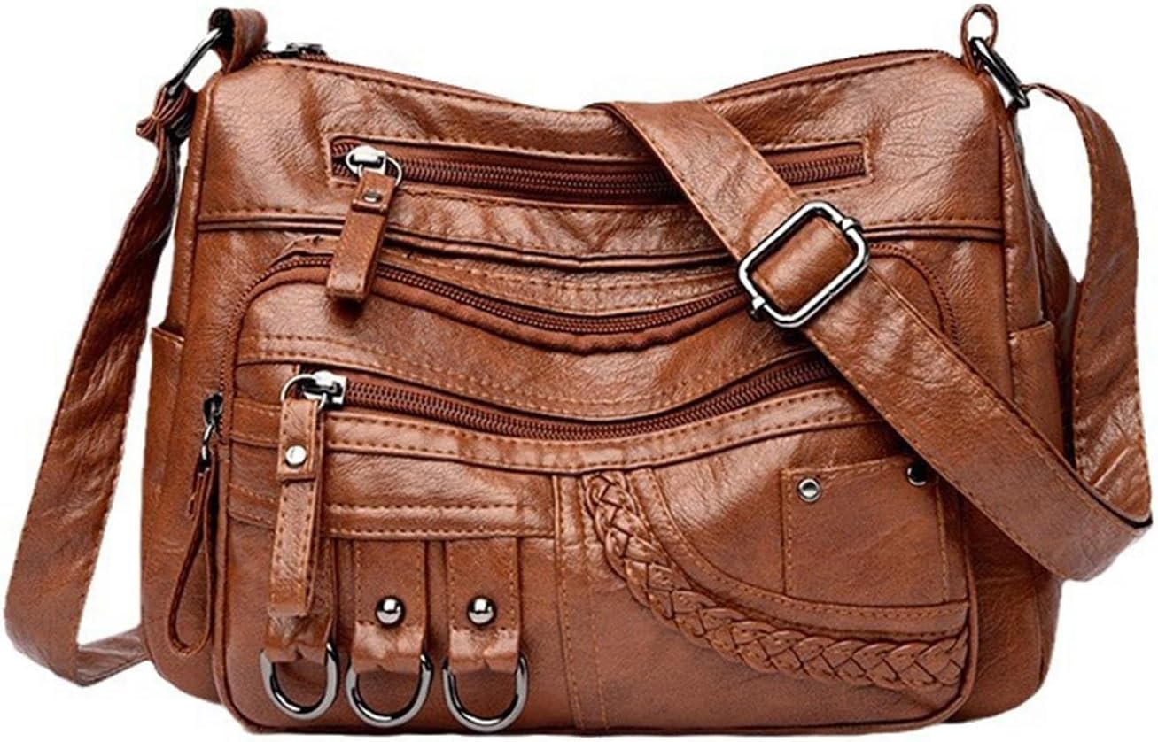 Women's Washed Leather Crossbody Shoulder Bag Multi Pocket