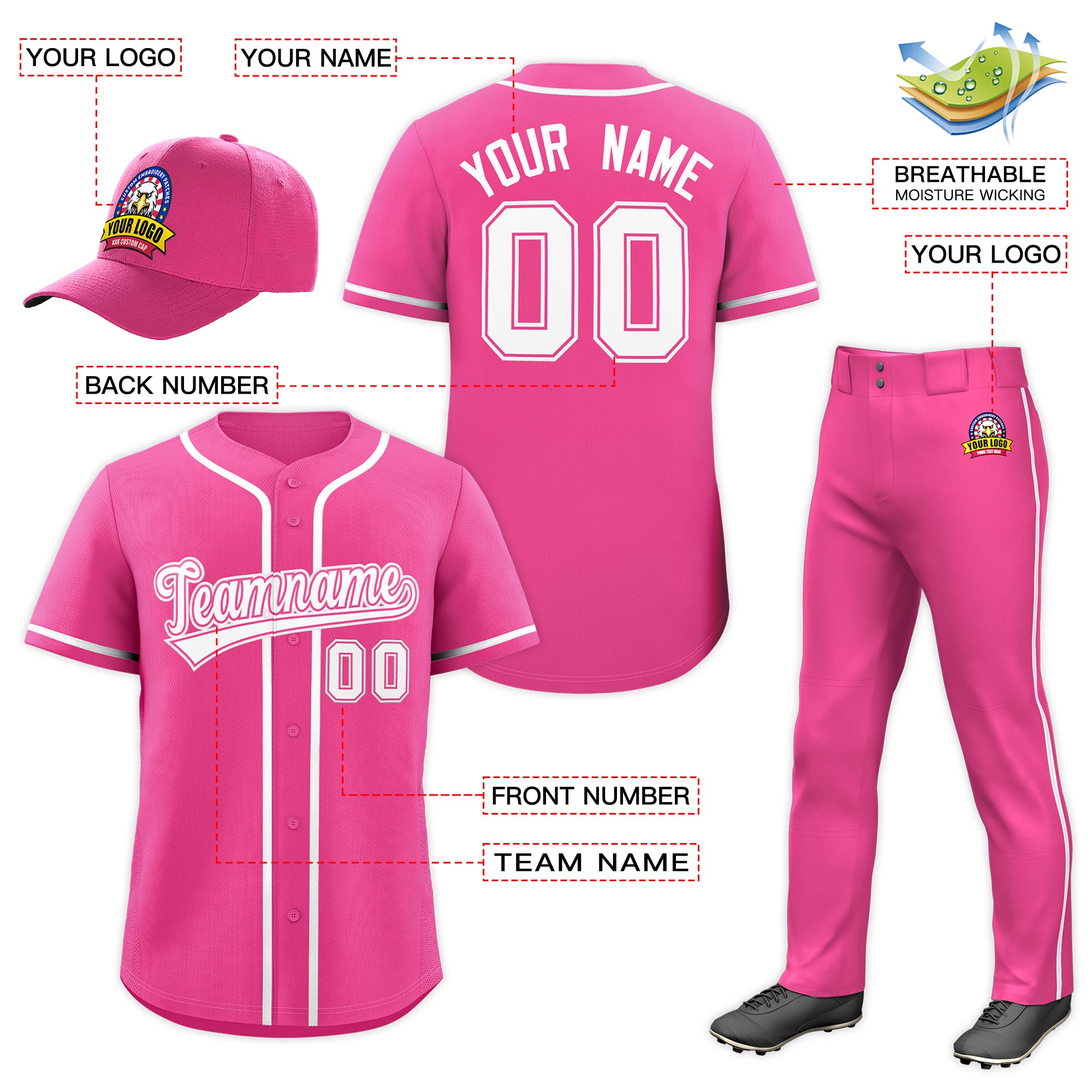 Kundenspezifisches rosa-weißes Baseball-Uniform-Jersey-Hosen-Hut-Paket im klassischen Stil für das Team