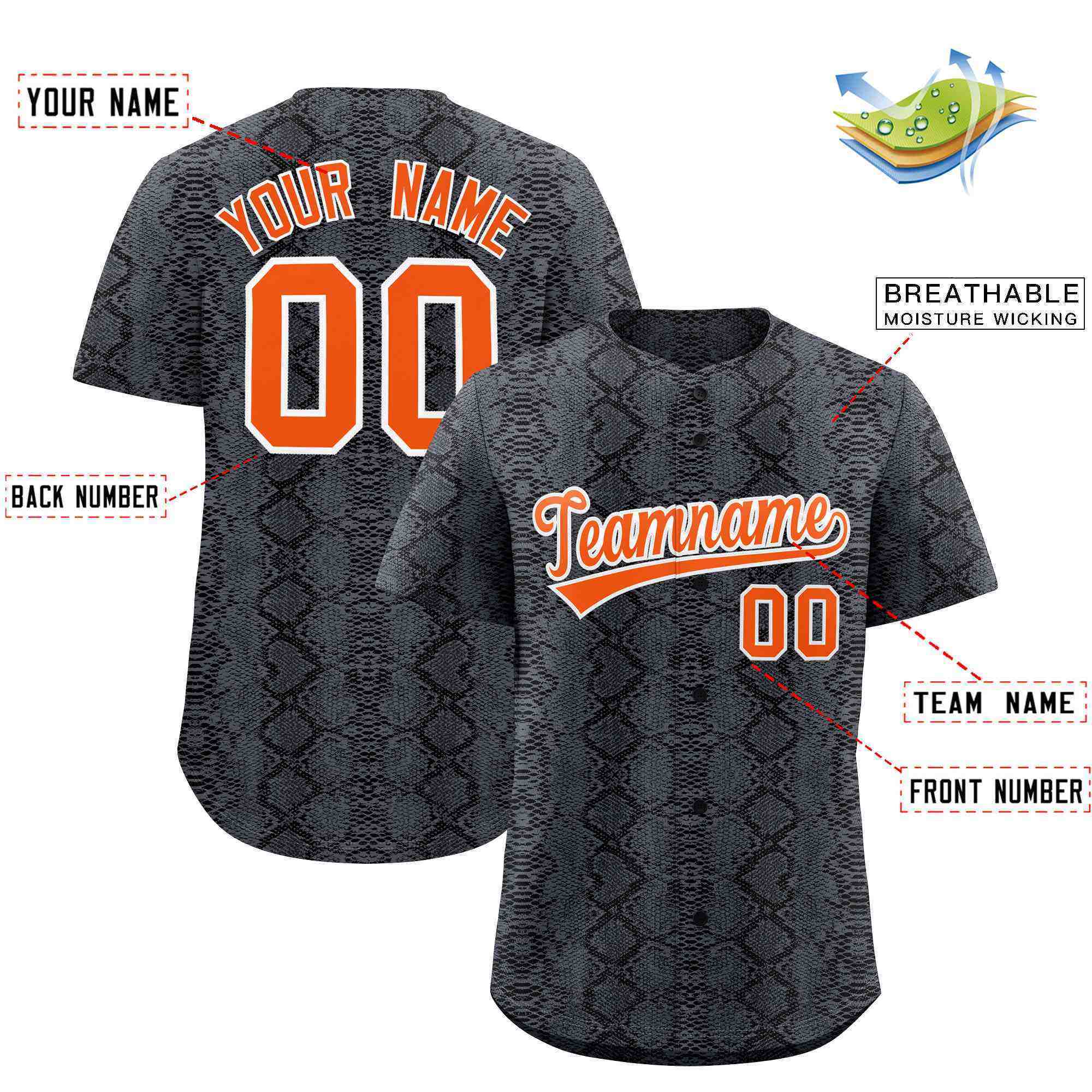 Benutzerdefiniertes authentisches Baseball-Trikot mit mehrfarbigem Schlangenledermuster