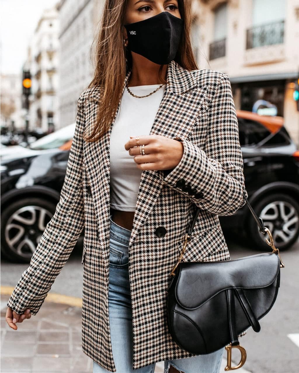 Women's Elegant Plaid Thoundstooth Blazer Double Breasted Fit Check Jacket Coat