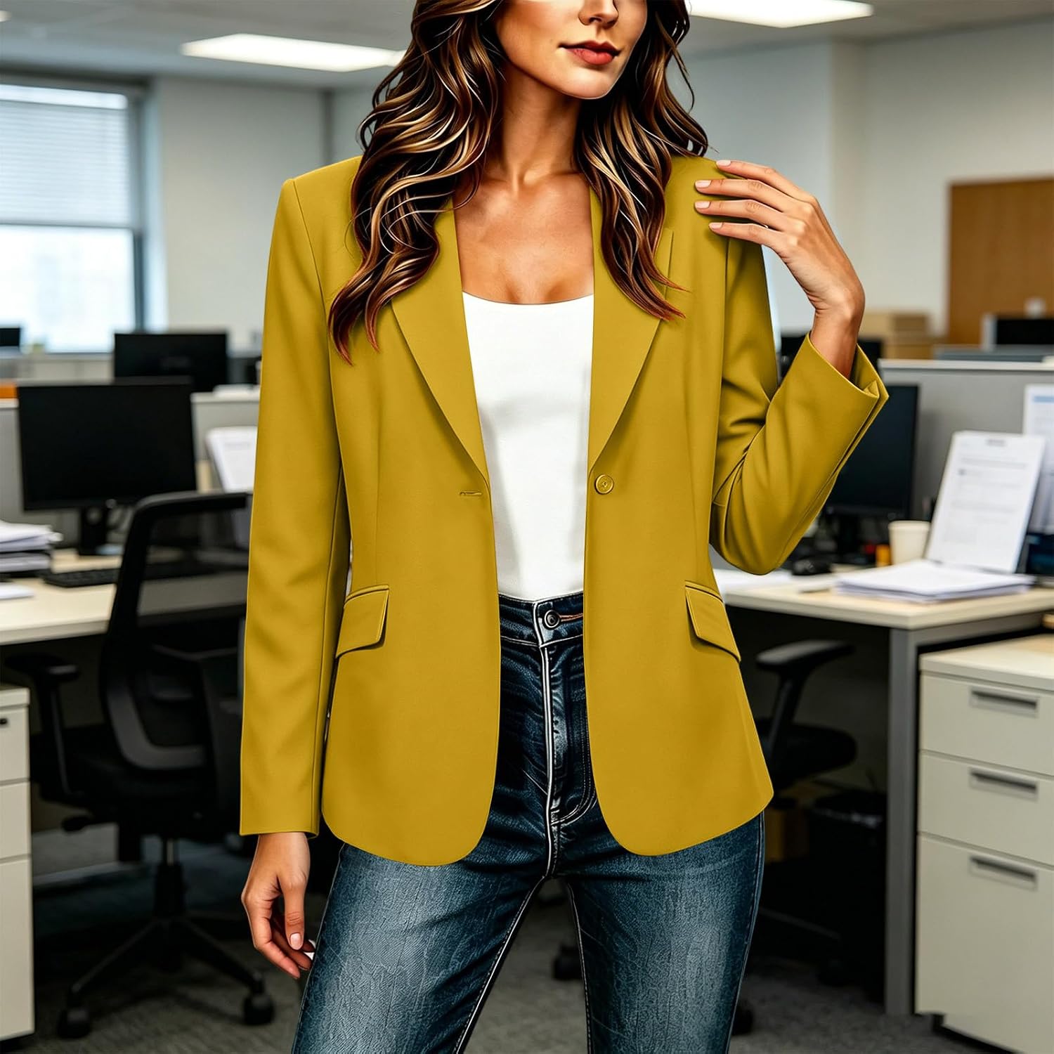Women's One Button Blazers Business Casual Long Sleeve Suit Jackets Blazer for Women Down Notch Lapel with Pockets Solid Work Office Jacket Coats