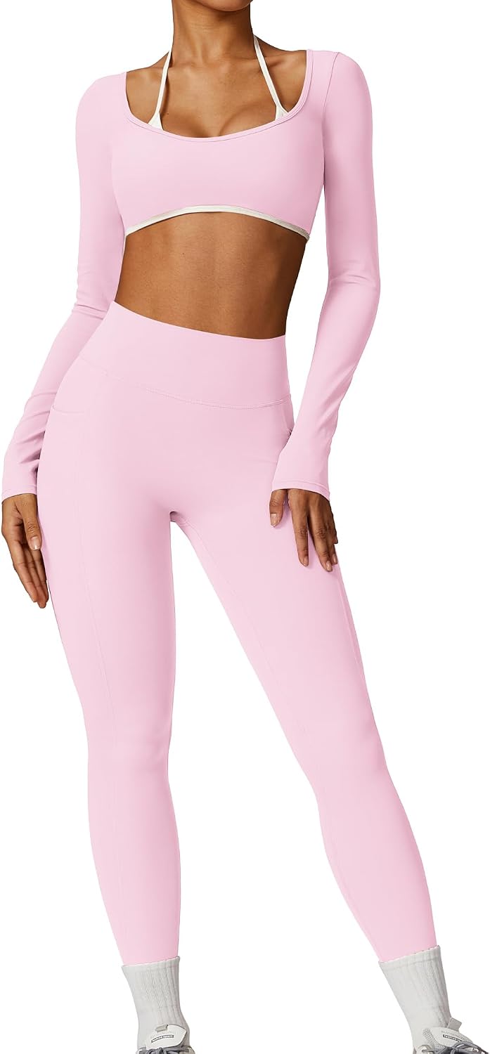 Workout sets for women 2 piece Long Sleeve Yoga Crop Top and High waist Leggings Athletic Gym Sets With pocket