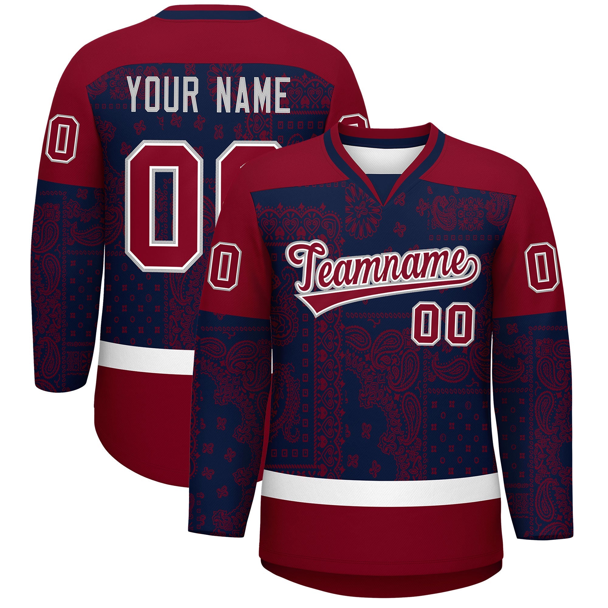Custom Cashew Flower Graffiti Pattern V-Neck Hockey Jersey