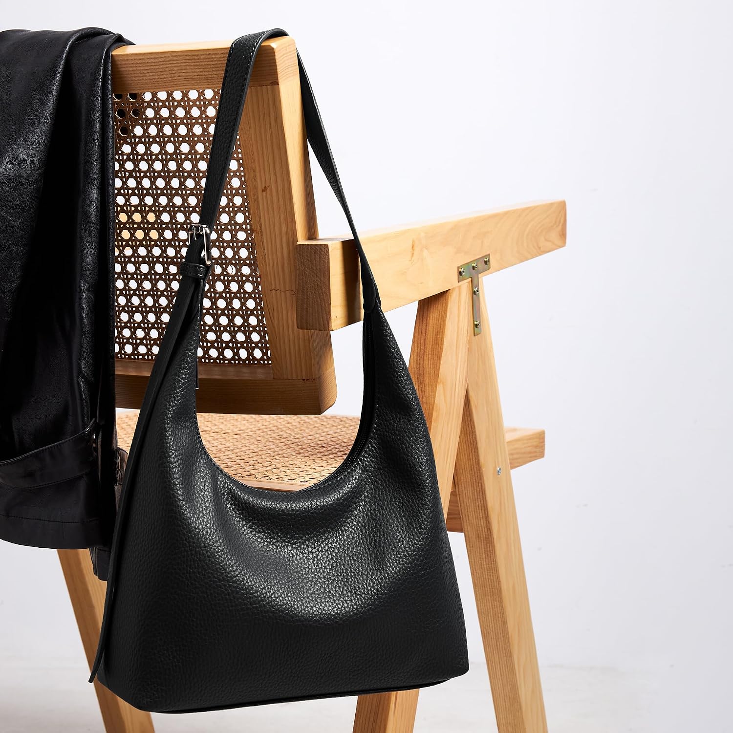 Women's Black Pebbled PU Crescent Shoulder Bag