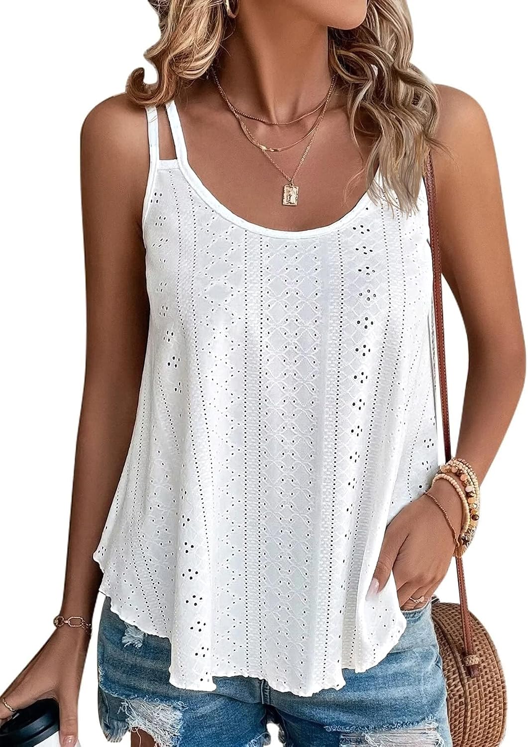 Women's Eyelet Embroidery Spaghetti Strap Cami, White