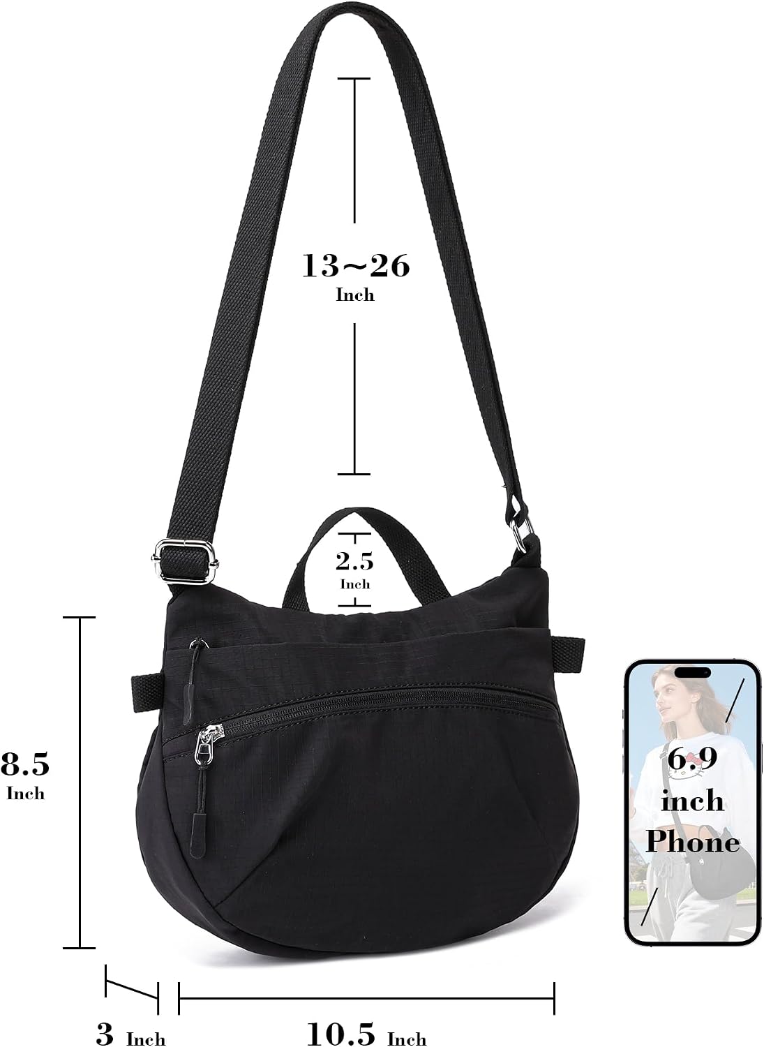 Women's Nylon Crescent Crossbody Bag Packable Travel Purse Black