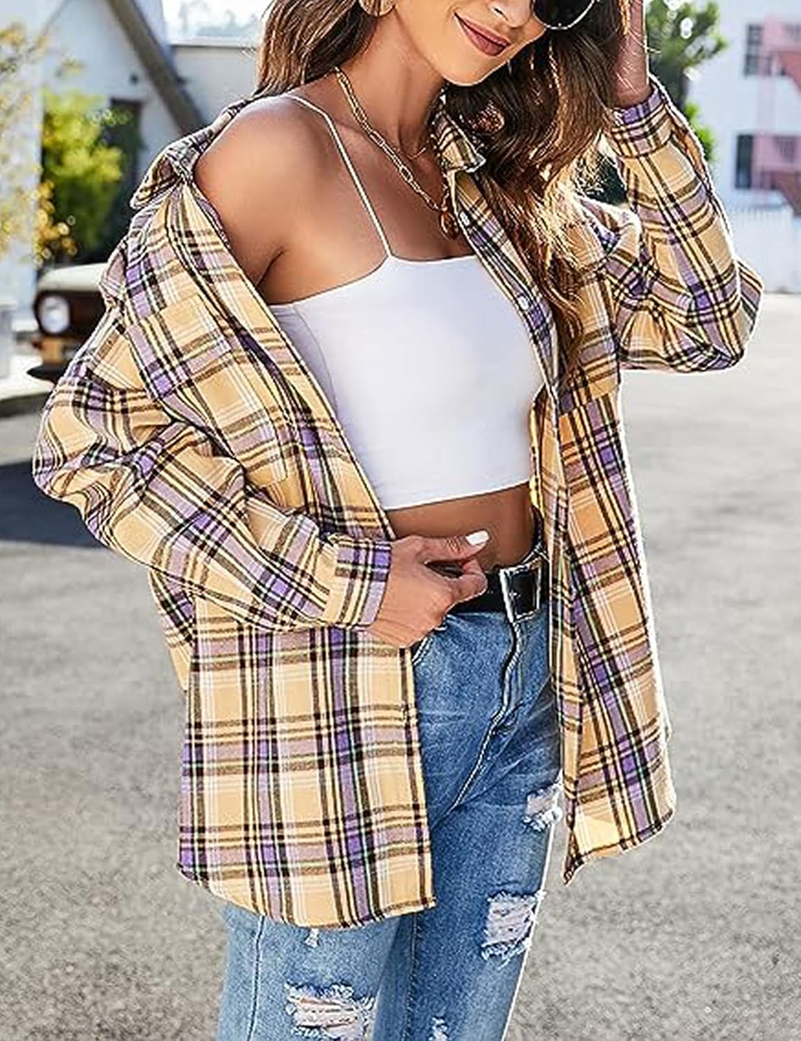 Womens Flannel Plaid Shirts Oversized Lightweight Buffalo Button Down Shirt Blouse Tops